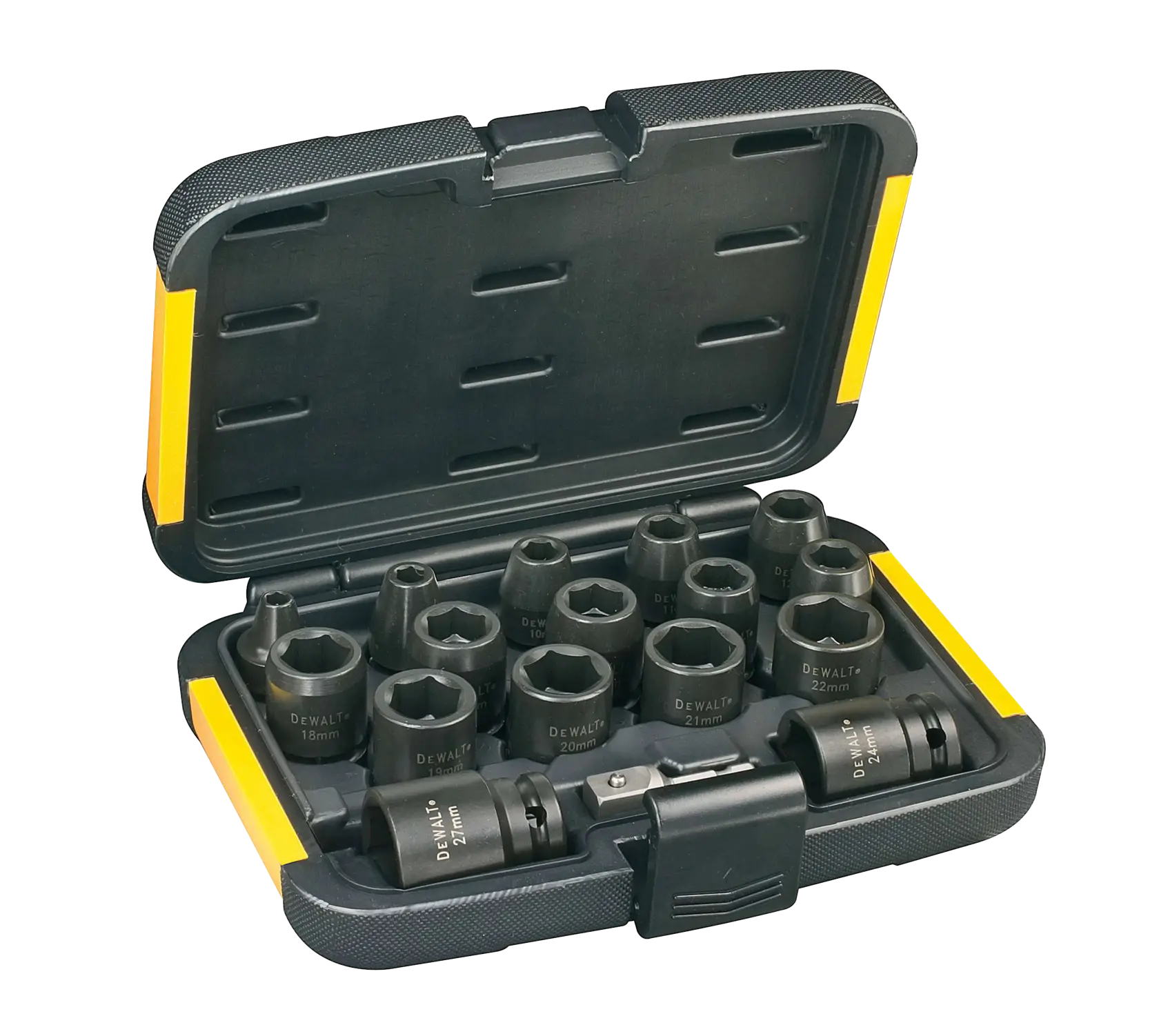 A DEWALT socket set in a black and yellow hard case. The case is open, showing multiple black sockets of various sizes neatly organized inside.