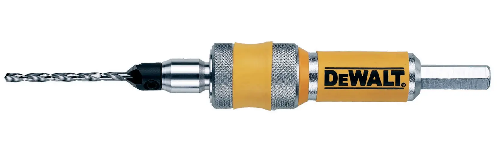 A DEWALT DT7603 drill bit holder with a metal and yellow body, featuring a DEWALT logo, shown with a drill bit attached.