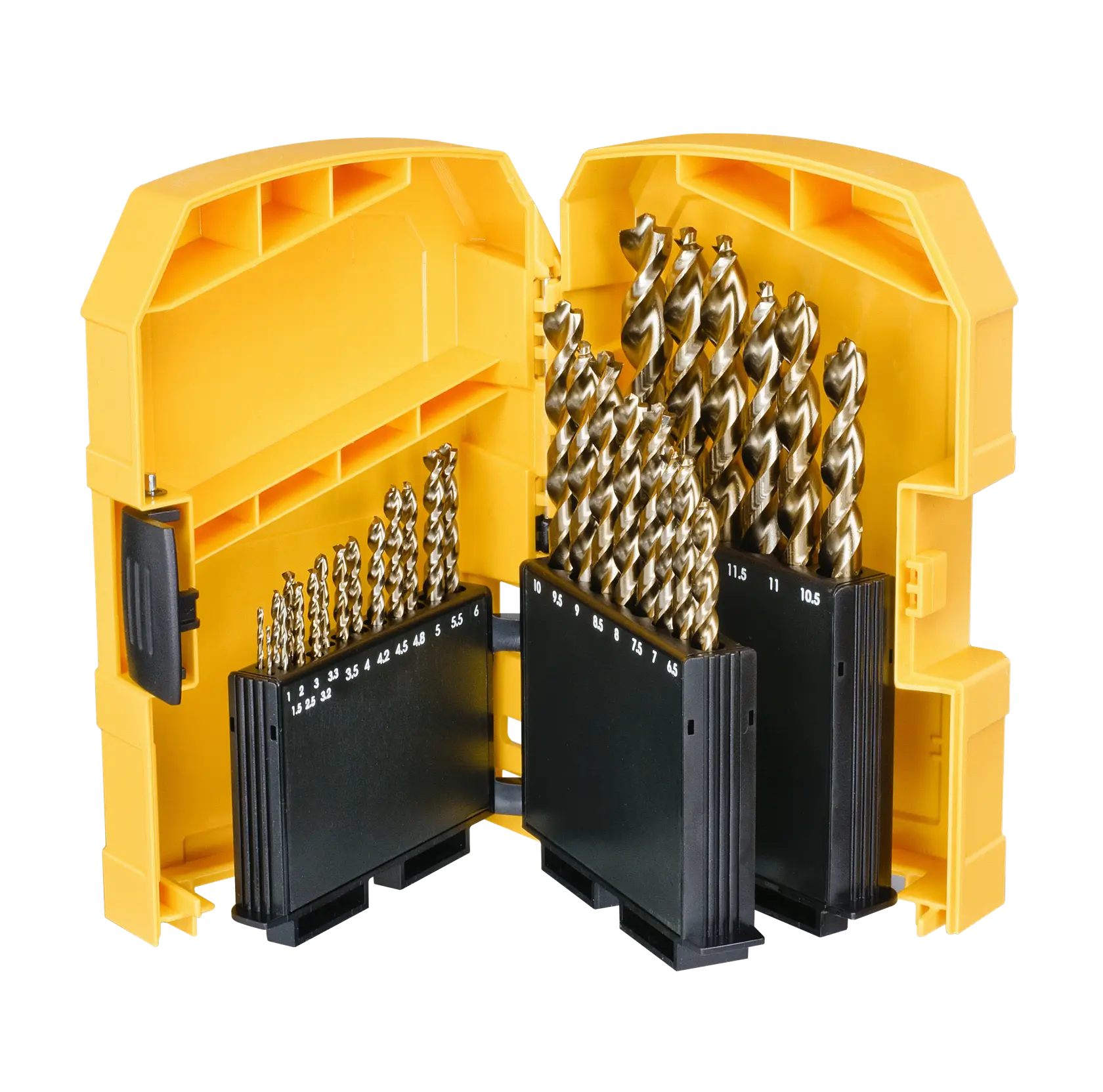 A yellow plastic case containing a set of various sizes of metal drill bits, organized and displayed upright in black holders. The case is open, showing the drill bits and their labeled compartments.