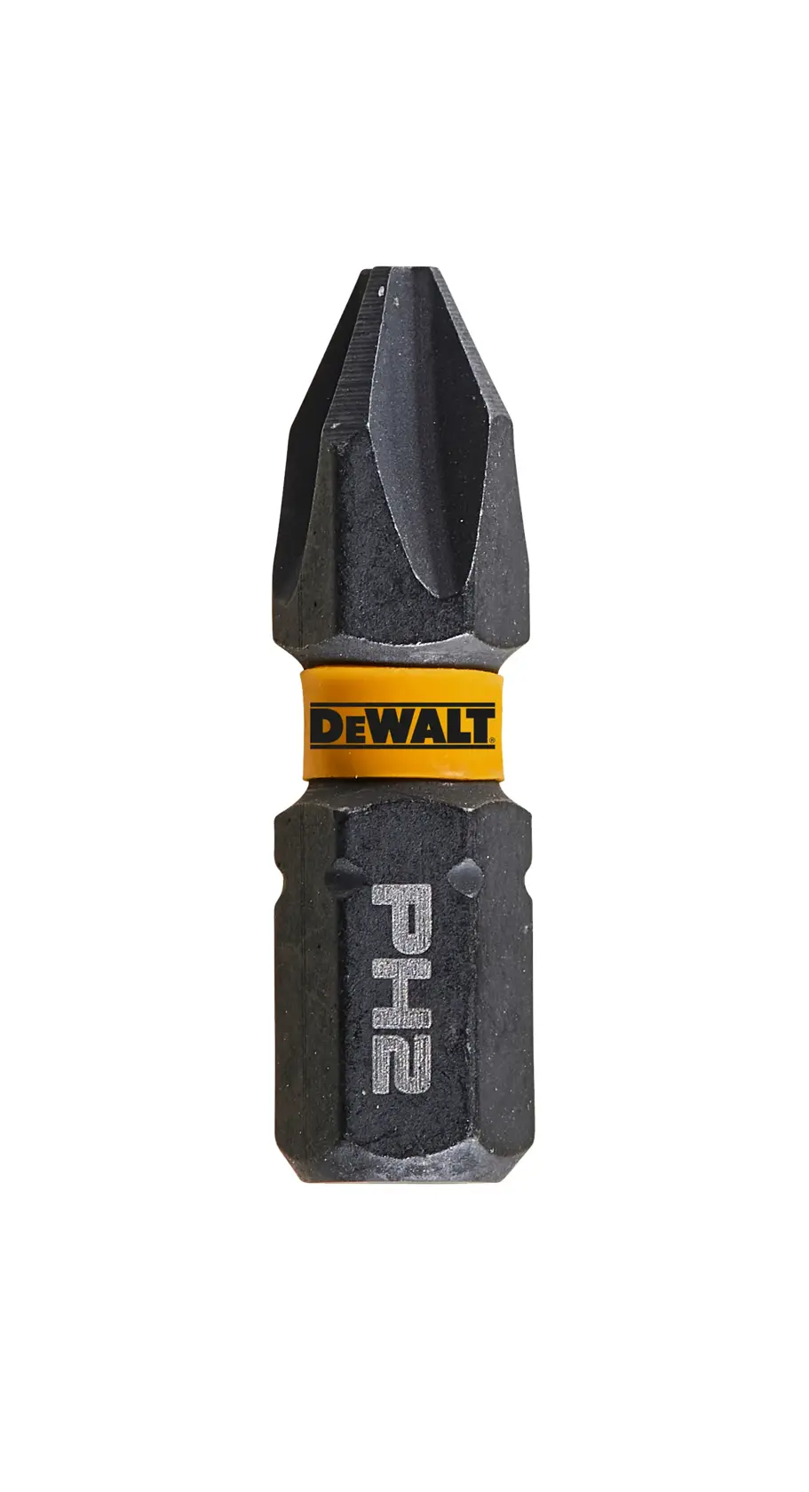 DEWALT PH2 screwdriver bit with a yellow ring, designed for use with power tools.