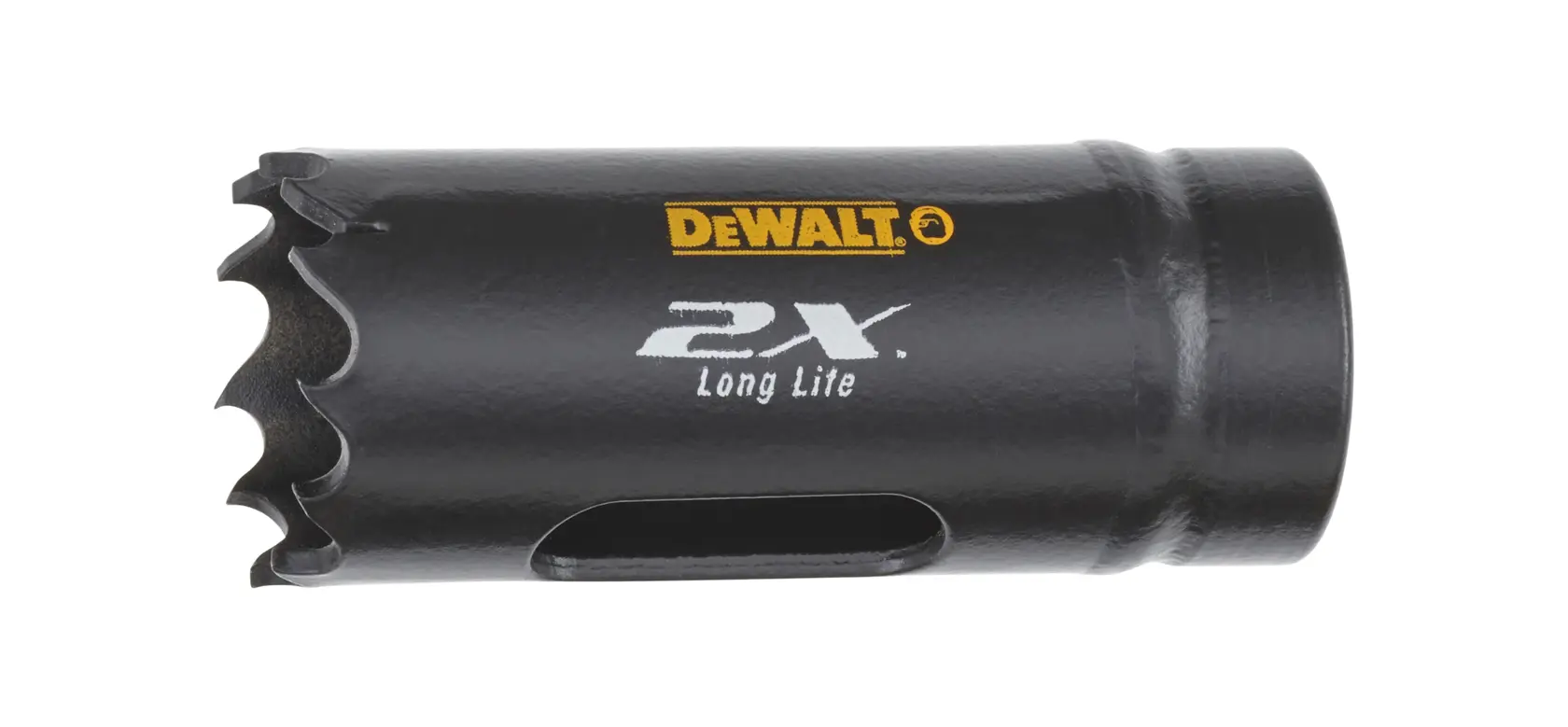 DEWALT DT8120L hole saw with jagged teeth, black metal body, and brand logo printed on side.