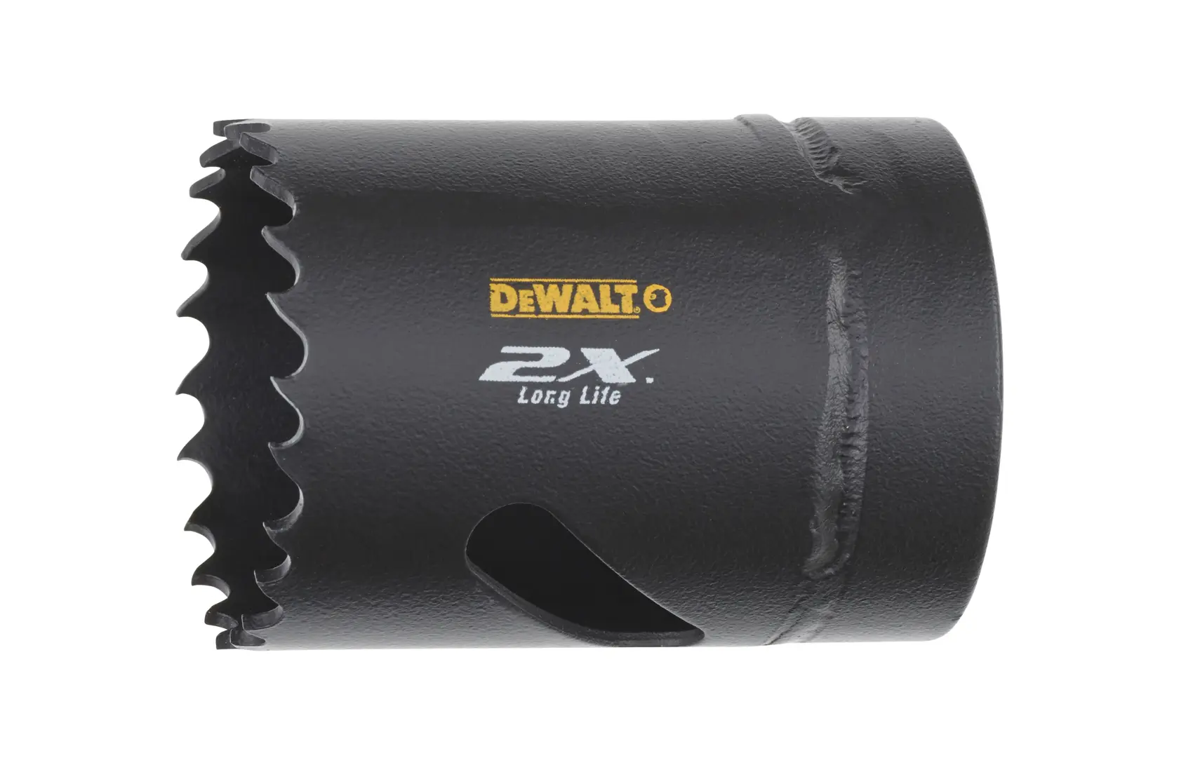 DEWALT DT8132L black holesaw with serrated edge and brand logo visible on the cylindrical surface.