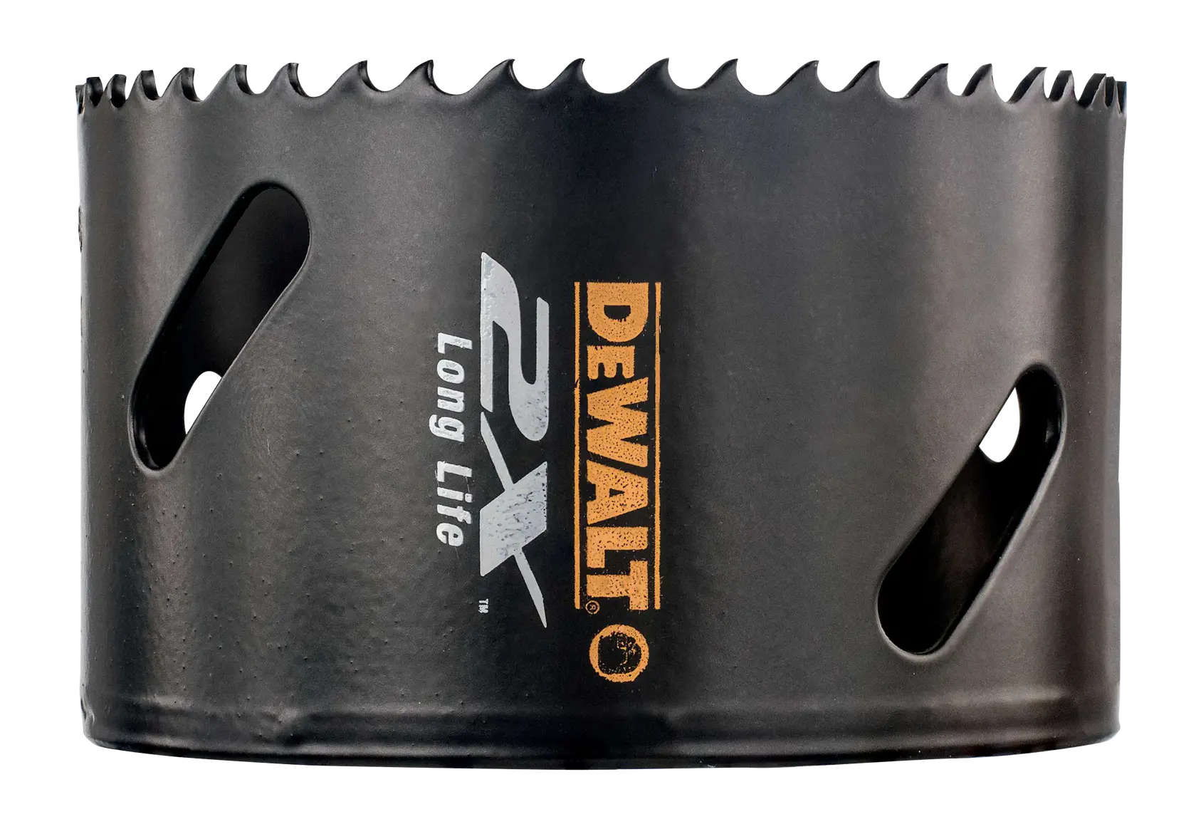 DEWALT DT8170L black holesaw with sharp teeth and vent holes for cutting, labeled with 2X Long Life.