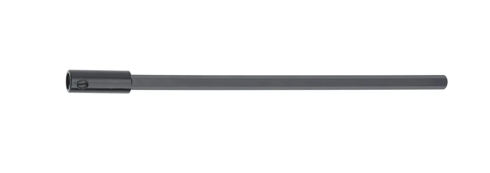 A long, straight, black hexagonal drill extension rod with a cylindrical connector at one end.