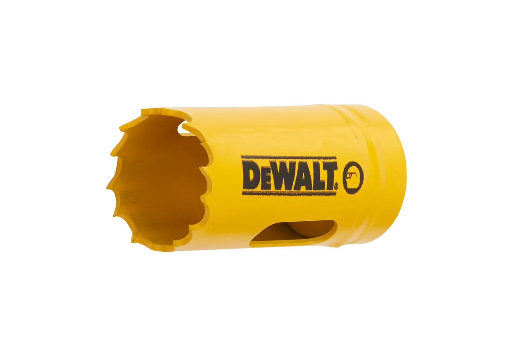 Yellow DEWALT hole saw with serrated edges for drilling holes, shown against a white background.