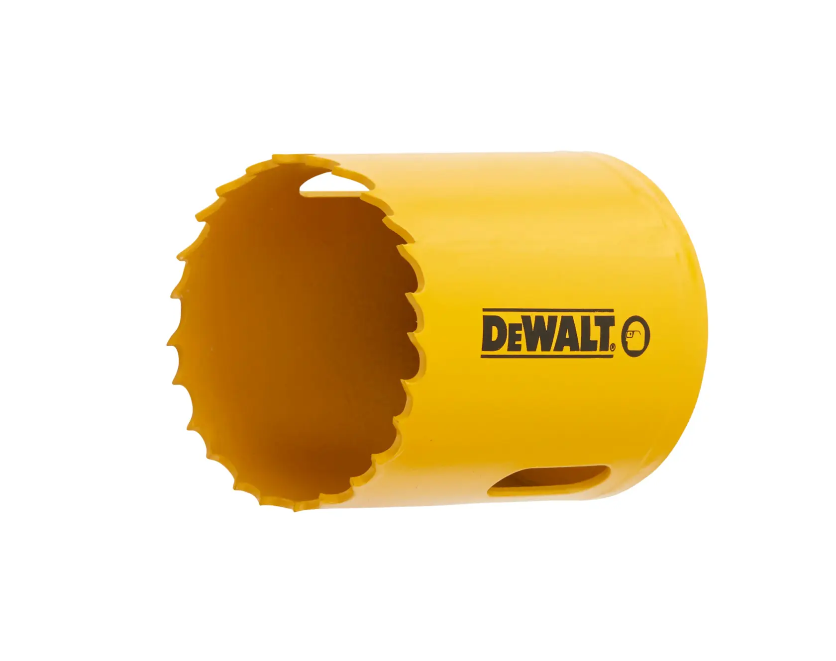 Yellow DEWALT hole saw drill accessory with serrated edge, shown isolated on white background.