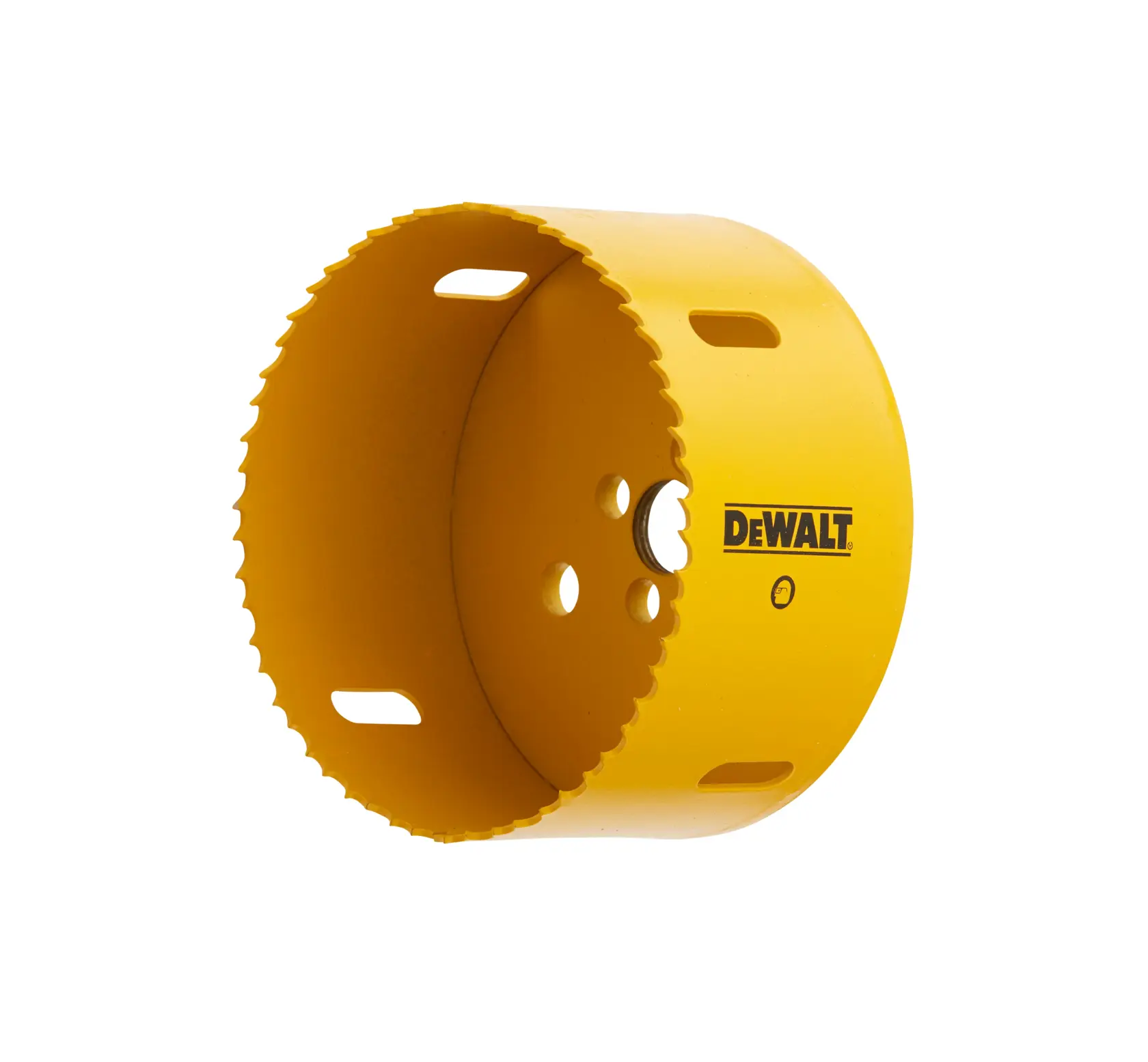 A yellow DEWALT hole saw with sharp teeth, designed for cutting circular holes in various materials. The tool shows multiple holes and slots for attachment.