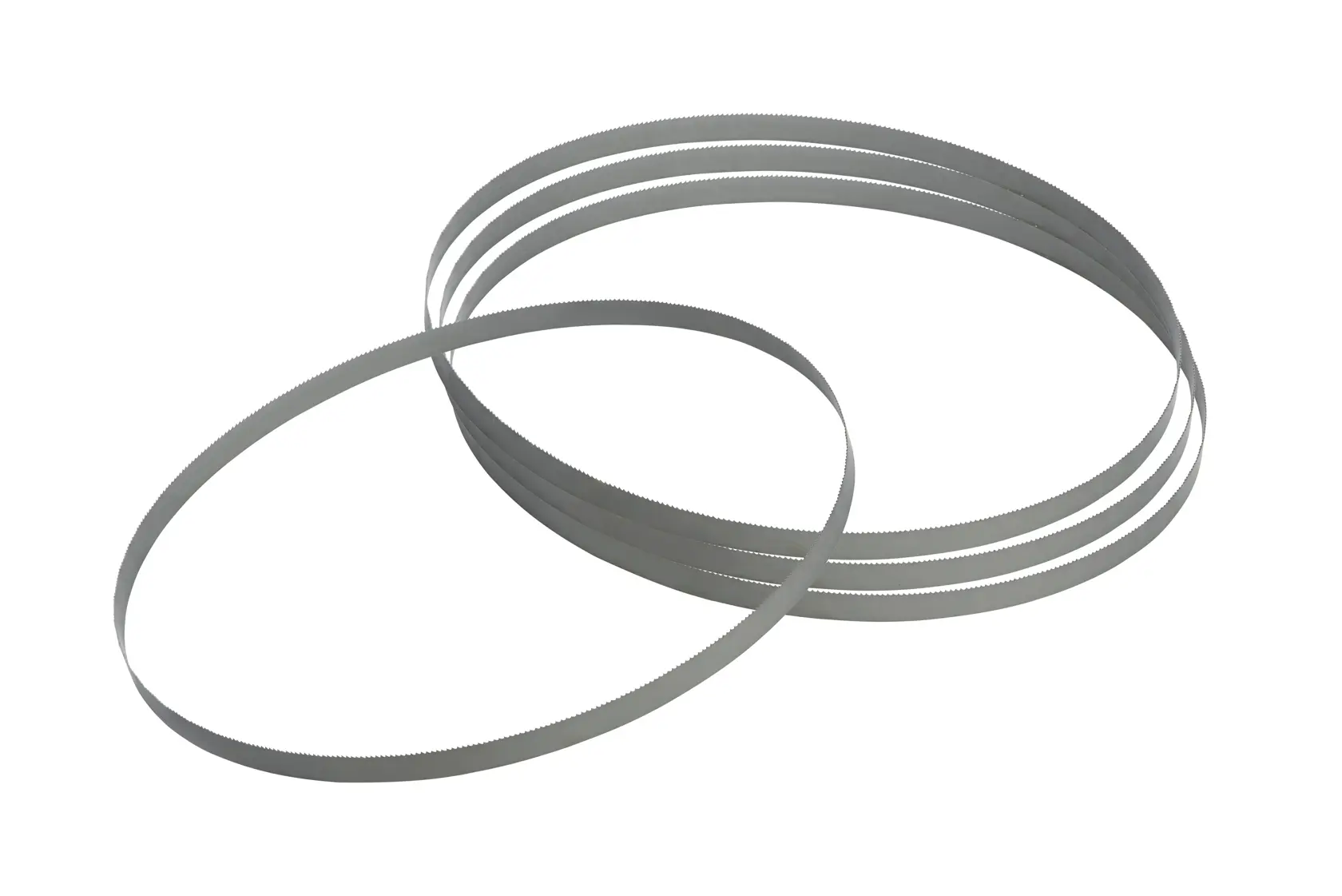 Four metal bandsaw blades with fine teeth coiled together on a white background.