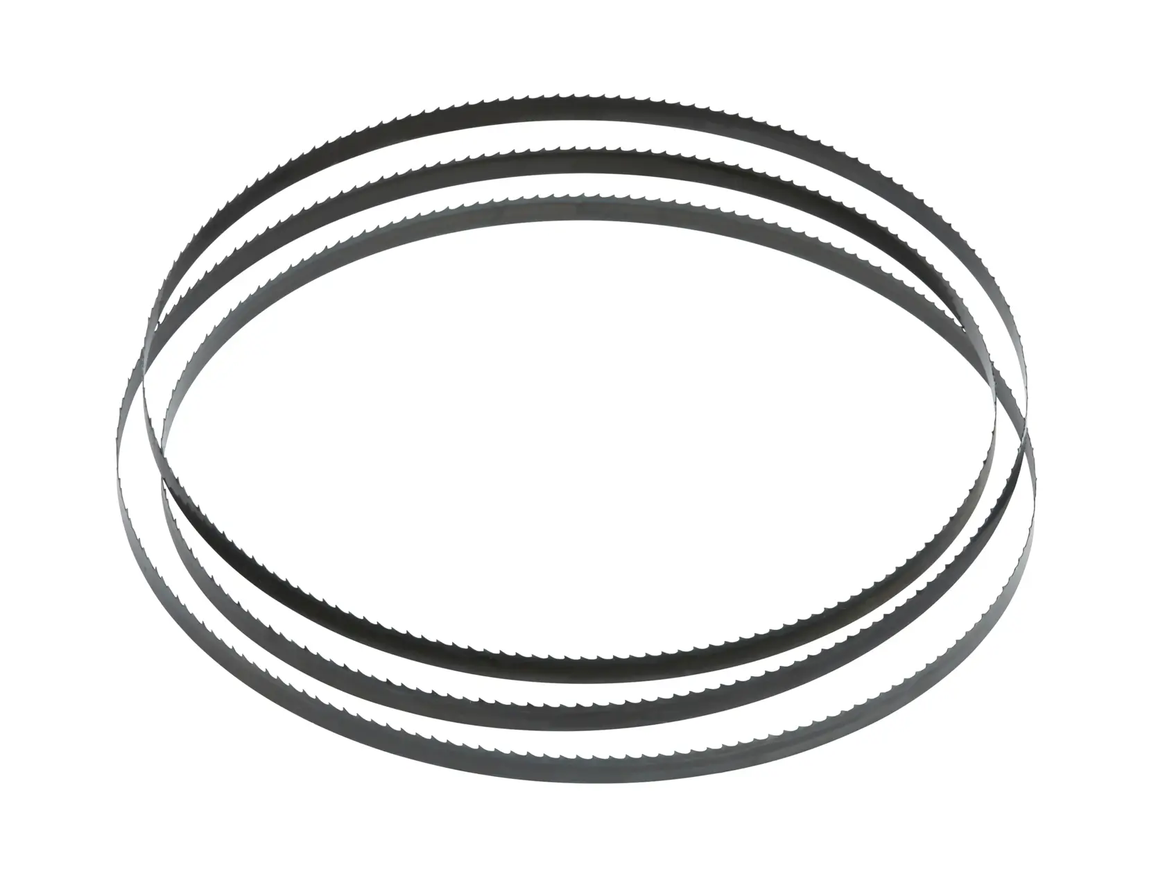 Three DEWALT band saw blades with fine teeth are coiled in a circle on a plain white background.