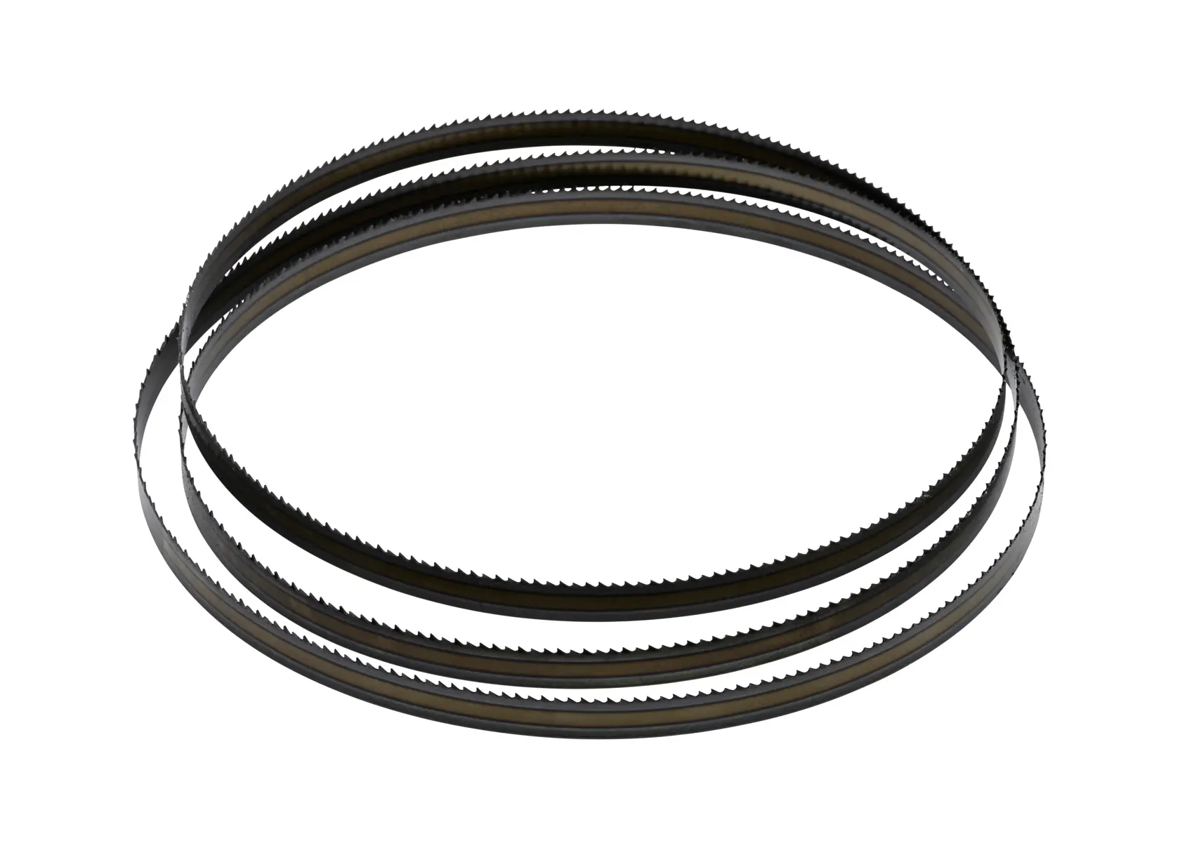 DEWALT DT8485 band saw blade, shown in a coiled loop with serrated edges for cutting.