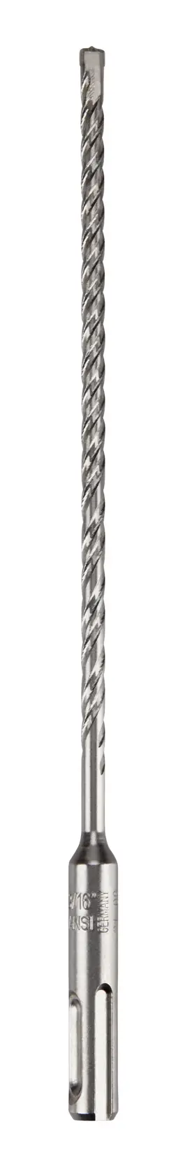 A long, metallic SDS drill bit with a spiral design, shown upright against a white background.