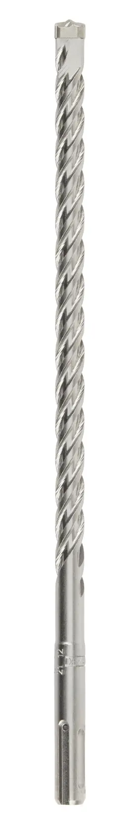 Long silver DEWALT drill bit with spiral design, used for drilling in masonry or concrete surfaces.