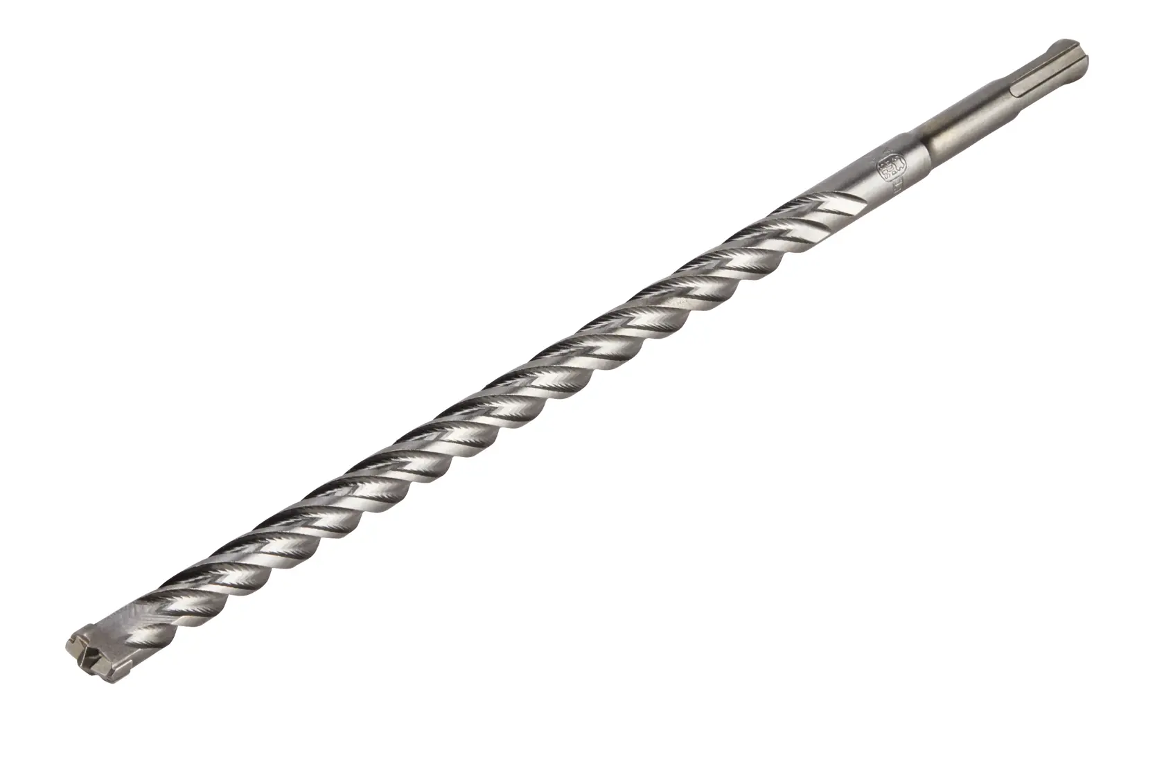 A long, metallic SDS rotary hammer drill bit with a spiral fluted design, shown against a white background.