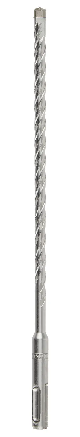 Long silver DEWALT drill bit with spiral fluting, designed for masonry and concrete drilling.