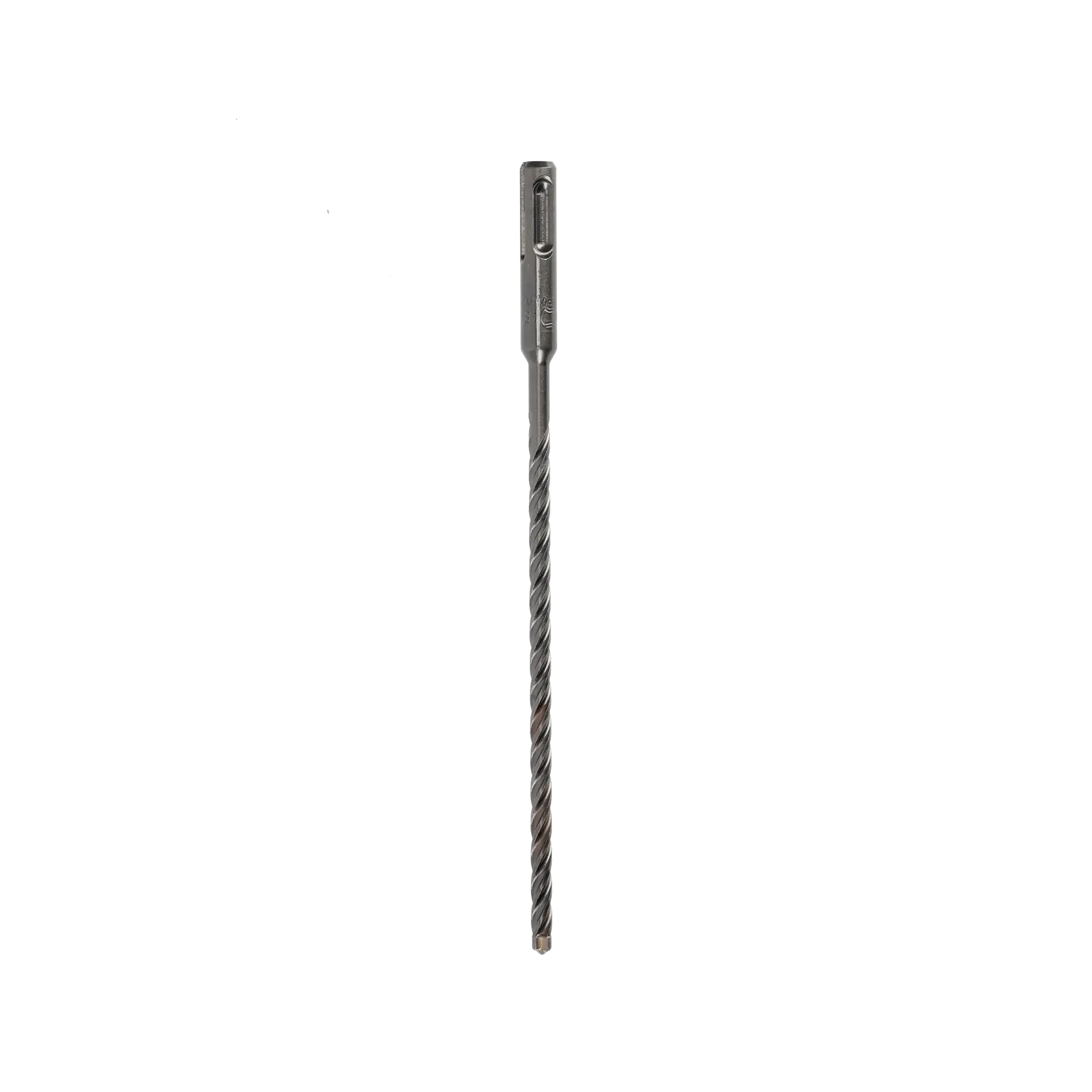 A single long, metal SDS drill bit with spiral fluting, shown upright against a white background.