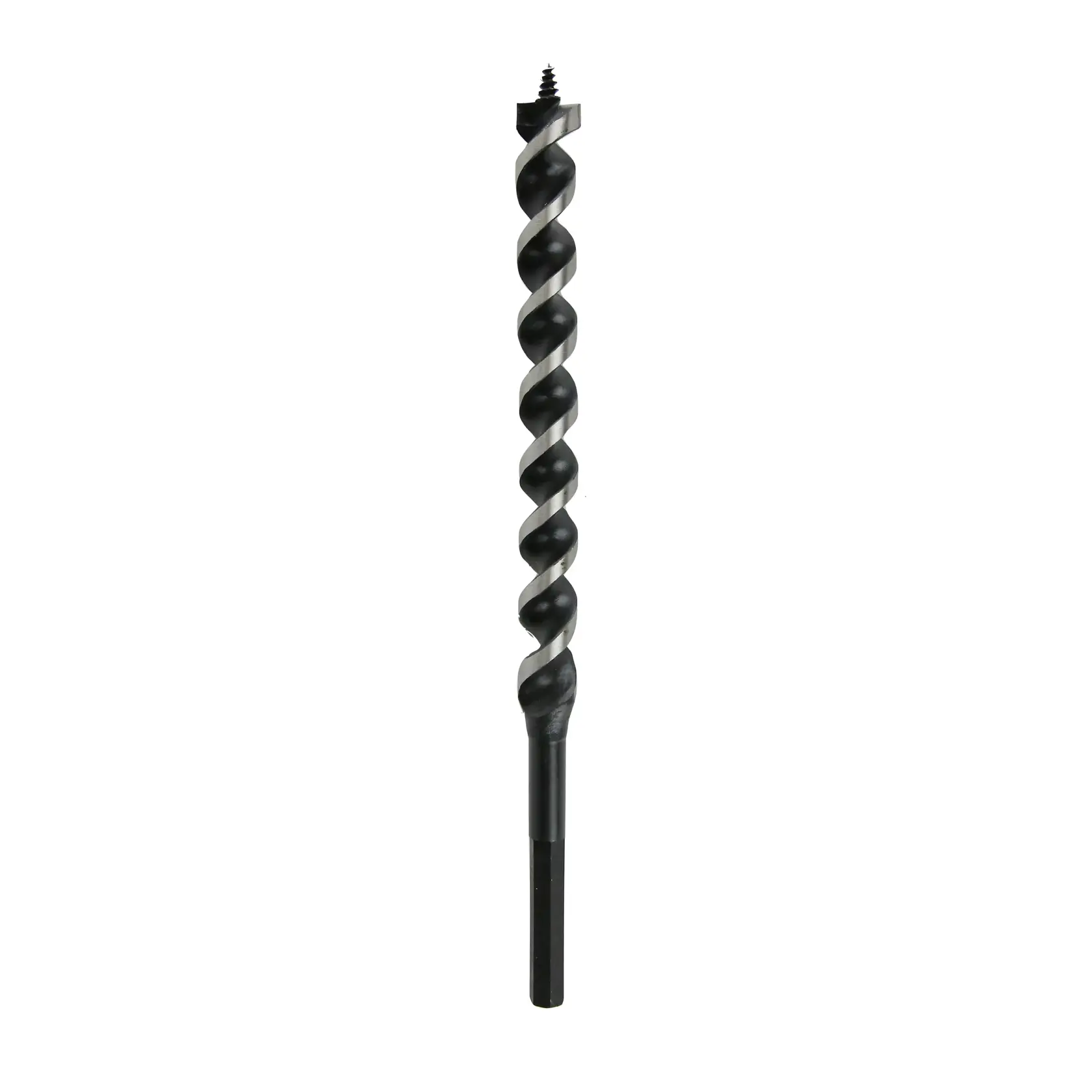 Black spiral auger drill bit with hex shank and threaded tip, isolated on white background.