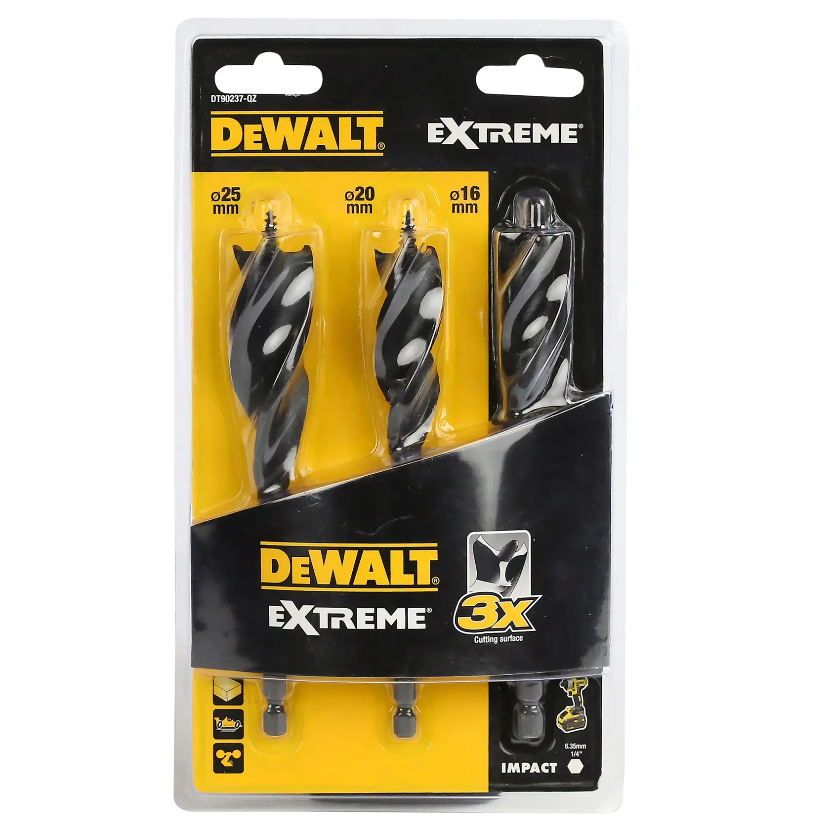 DEWALT Extreme drill bit set with three bits in packaging, sizes 25mm, 20mm, and 16mm for impact drilling.