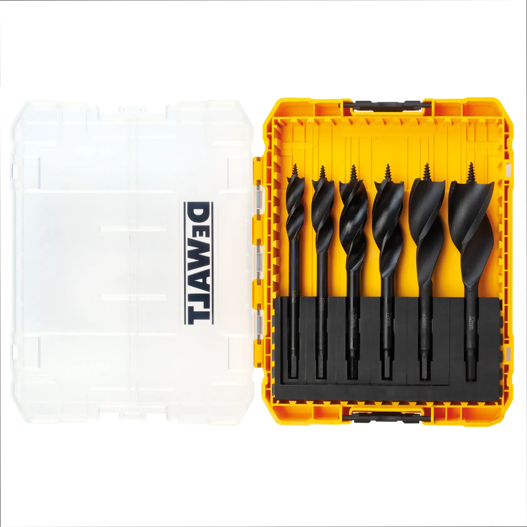 DEWALT drill bit set in a yellow case, containing six wood drill bits with spiral designs.