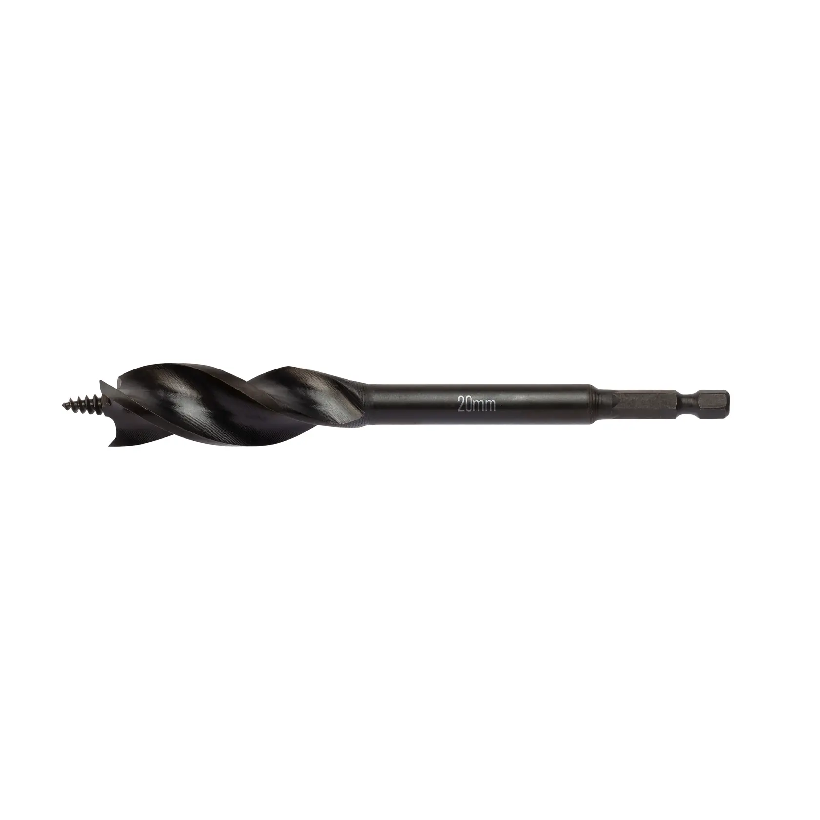A DEWALT 20mm wood drill bit with a hex shank and spiral design, shown against a white background.