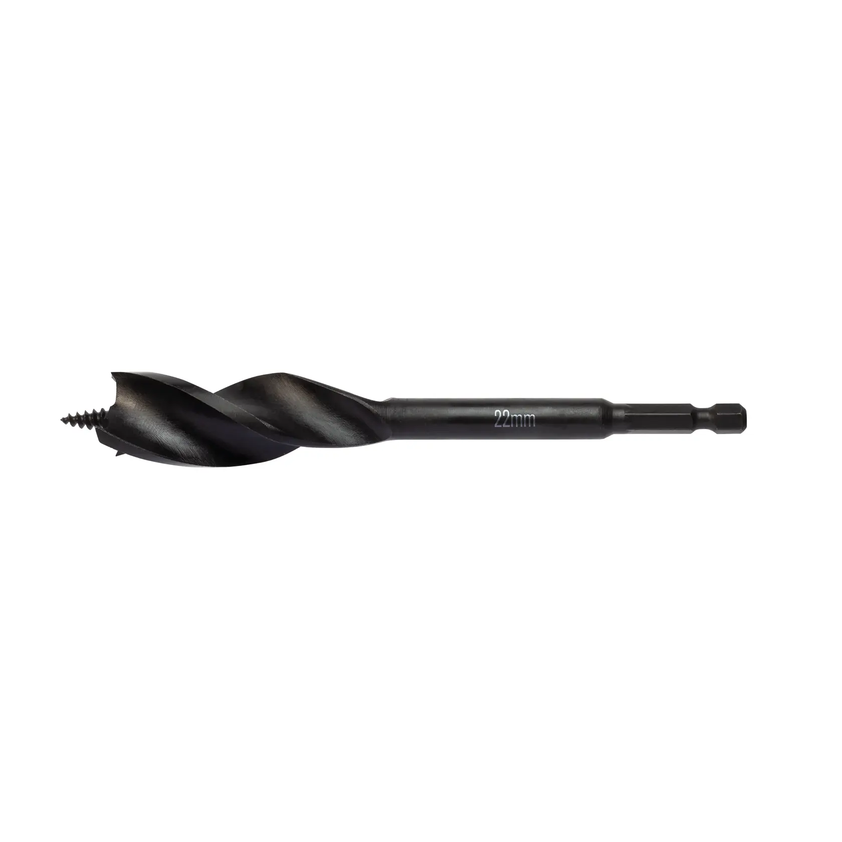 DEWALT 22mm black auger drill bit with hex shank, designed for precision wood drilling.