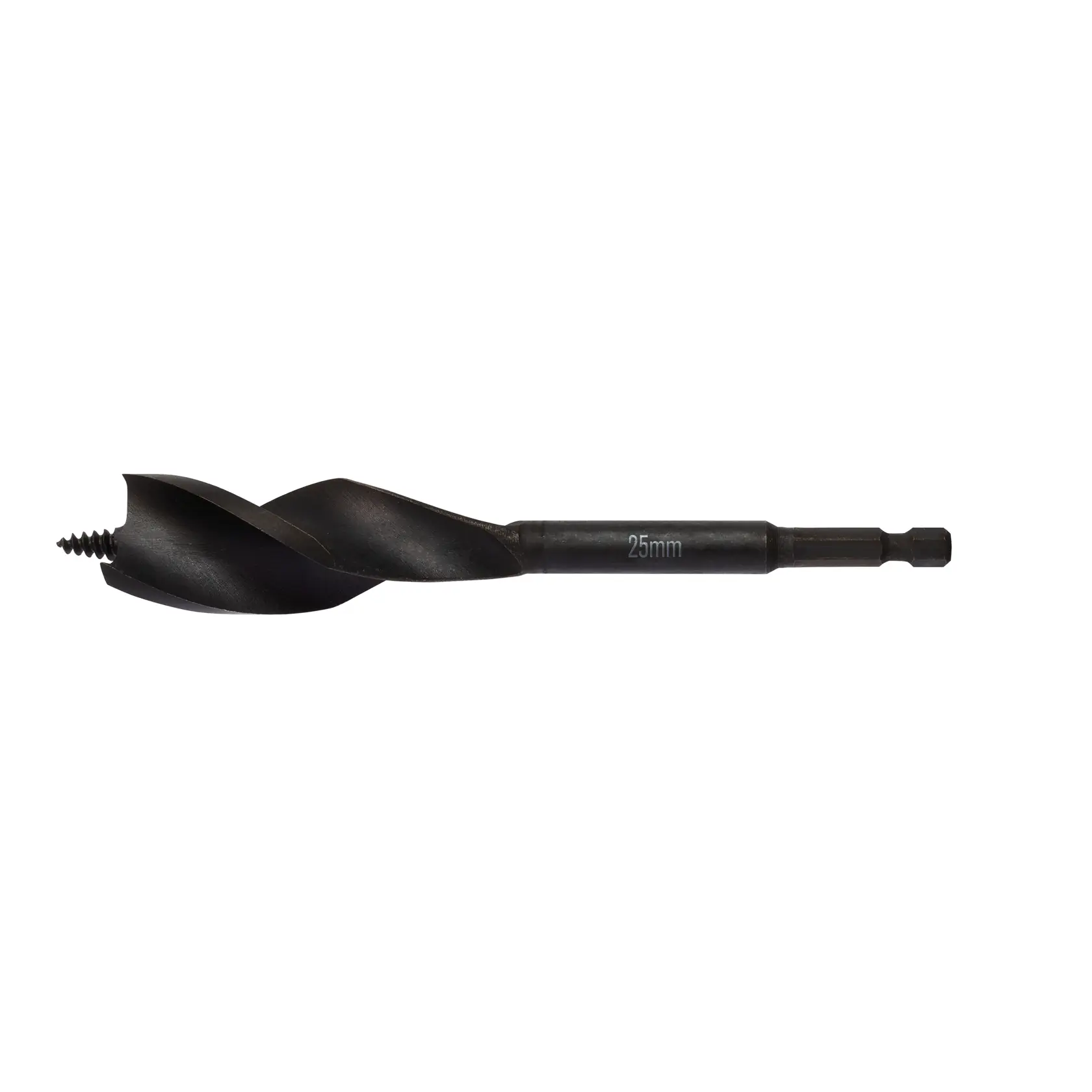 A DEWALT 25mm wood auger drill bit with a hex shank and threaded tip, designed for precise drilling in wood.