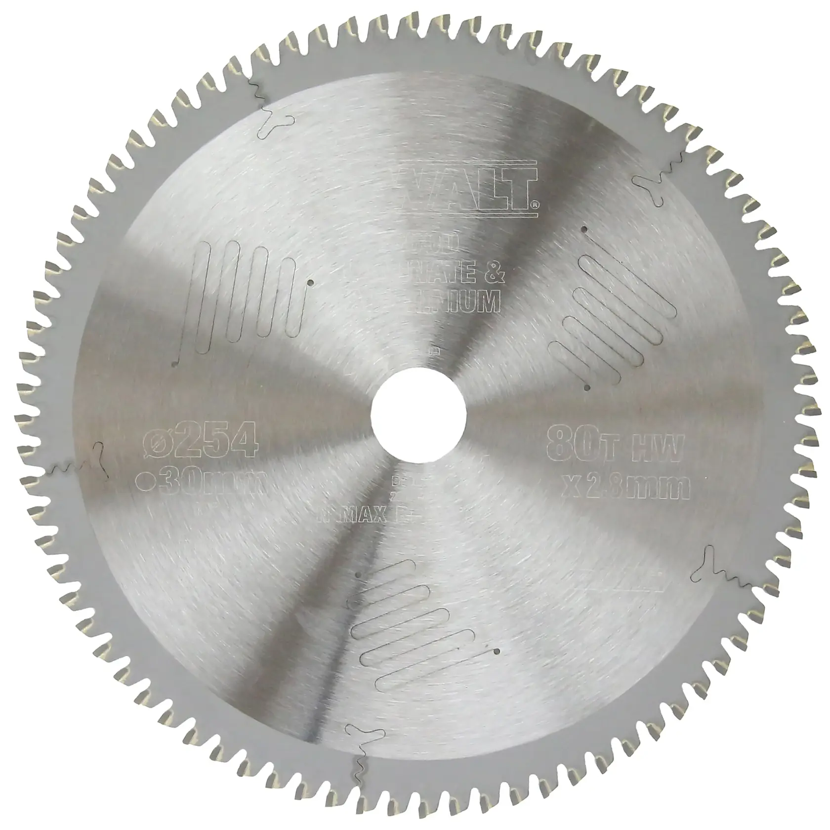 DEWALT DT90264 circular saw blade with fine teeth, designed for cutting laminate and aluminum.