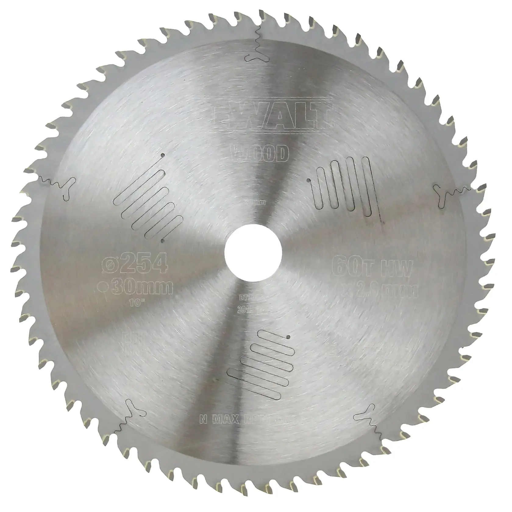 DEWALT DT90266 circular saw blade for wood, 254mm diameter, 60 teeth, silver finish.