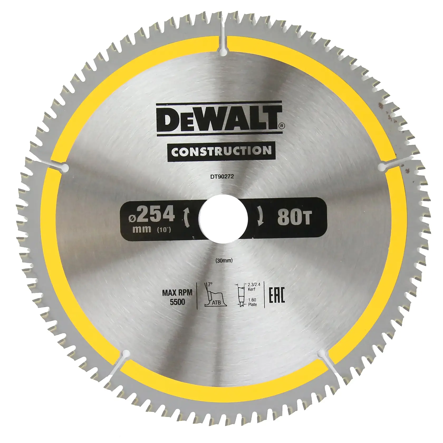 DEWALT DT90272 circular saw blade for construction, 254mm diameter, 80 teeth, metal with yellow rim.