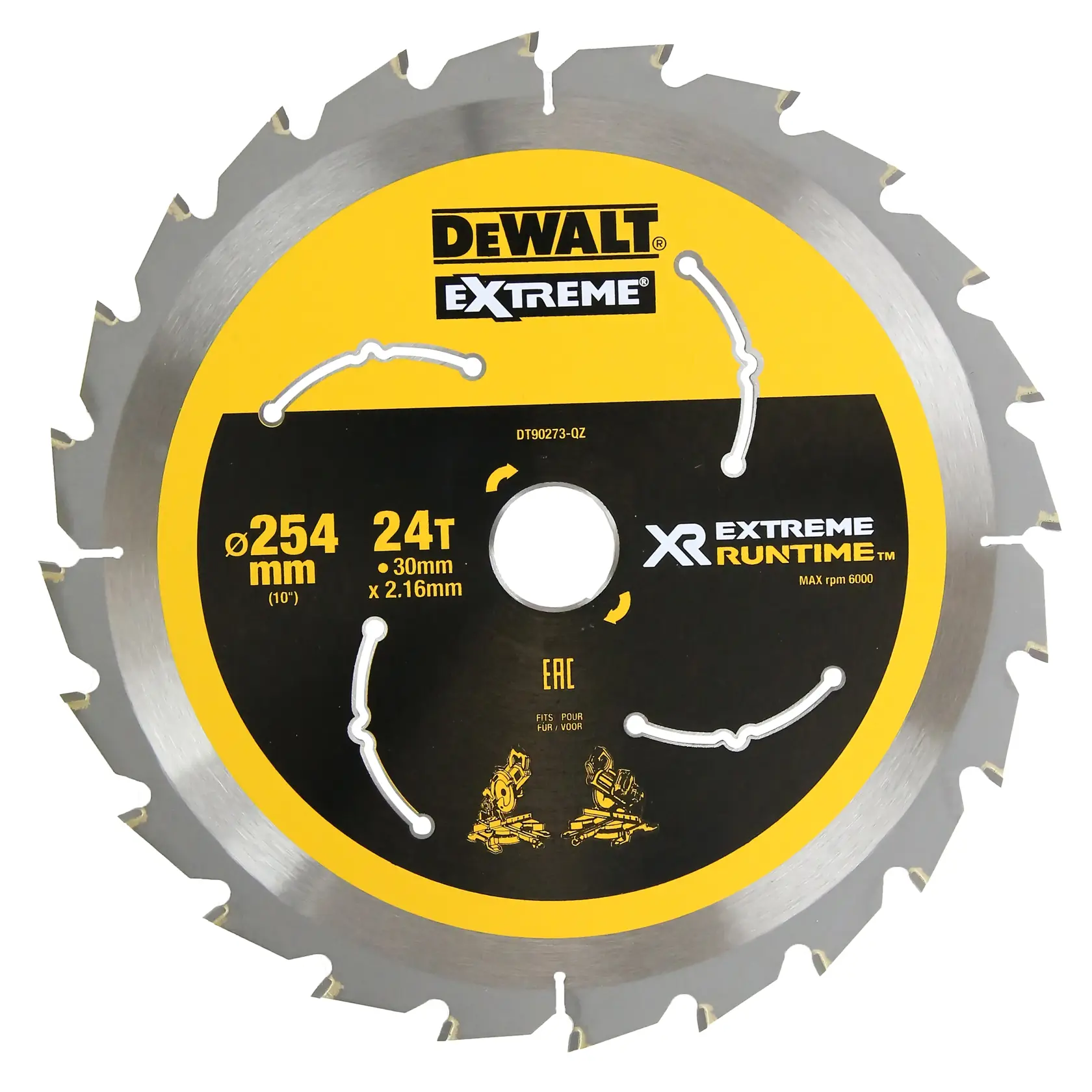 DEWALT circular saw blade, 254mm diameter, 24 teeth, designed for extreme runtime and professional cutting.
