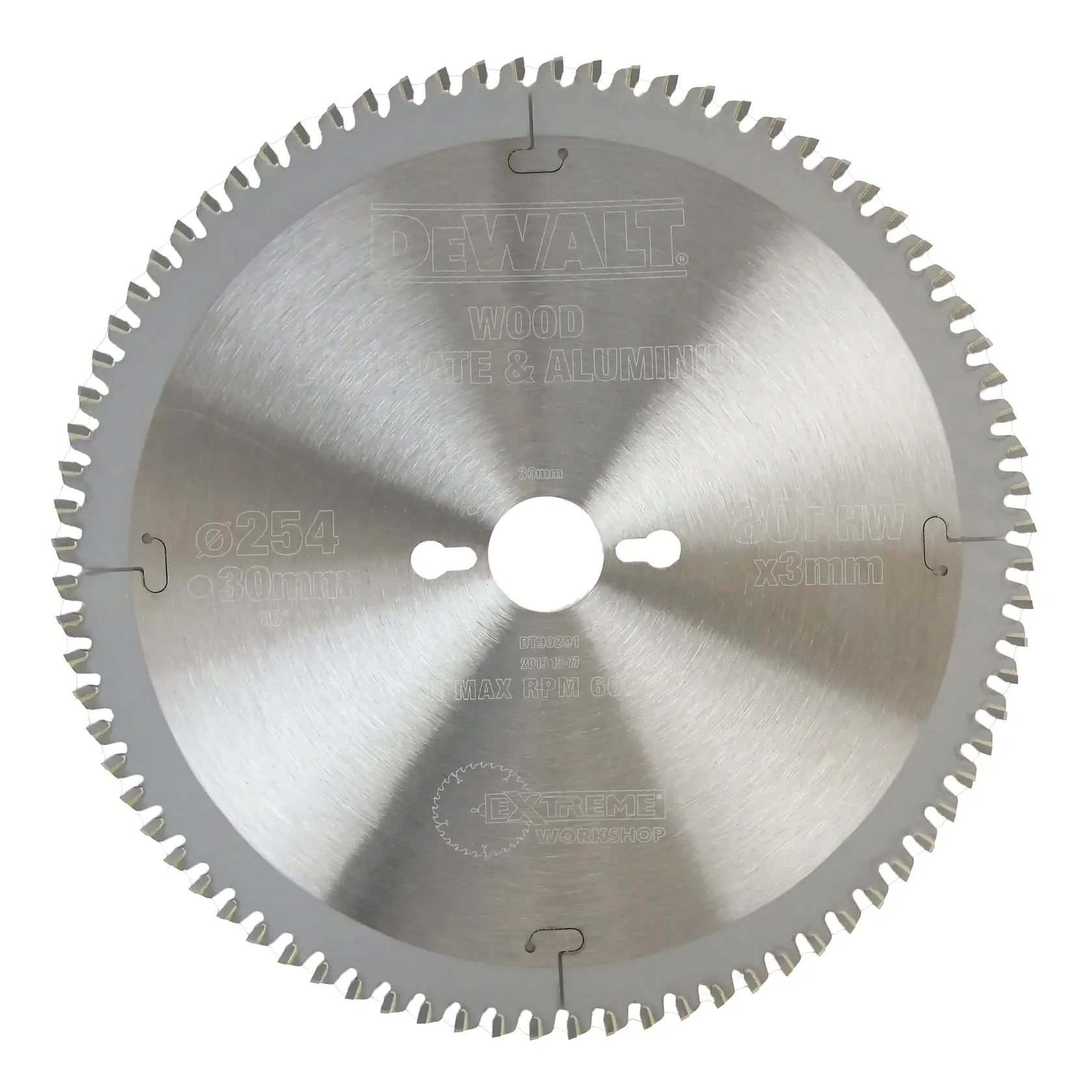 DEWALT DT90291 circular saw blade for cutting wood and aluminum, 254mm diameter, silver finish.