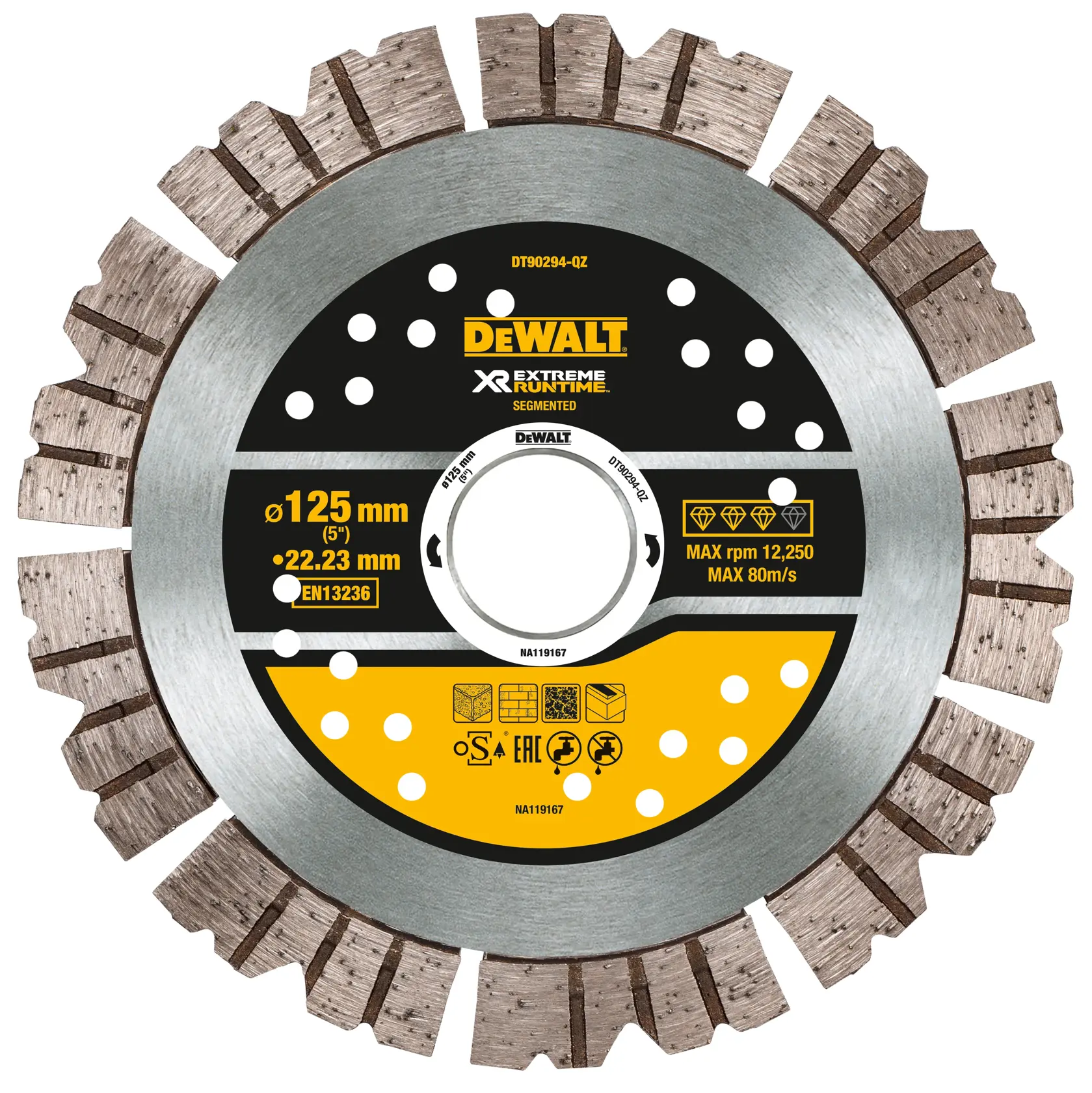 A DEWALT segmented diamond blade for cutting, labeled 'XR Extreme Runtime.' The blade has a diameter of 125 mm and a bore size of 22.23 mm. It features specifications for maximum speed and compatibility with various materials. The blade is mostly silver and black with yellow accents.