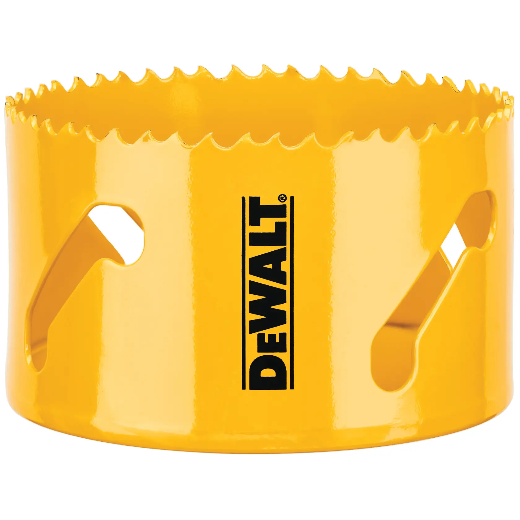 A yellow DEWALT hole saw with sharp teeth, used for cutting holes in materials such as wood or metal.