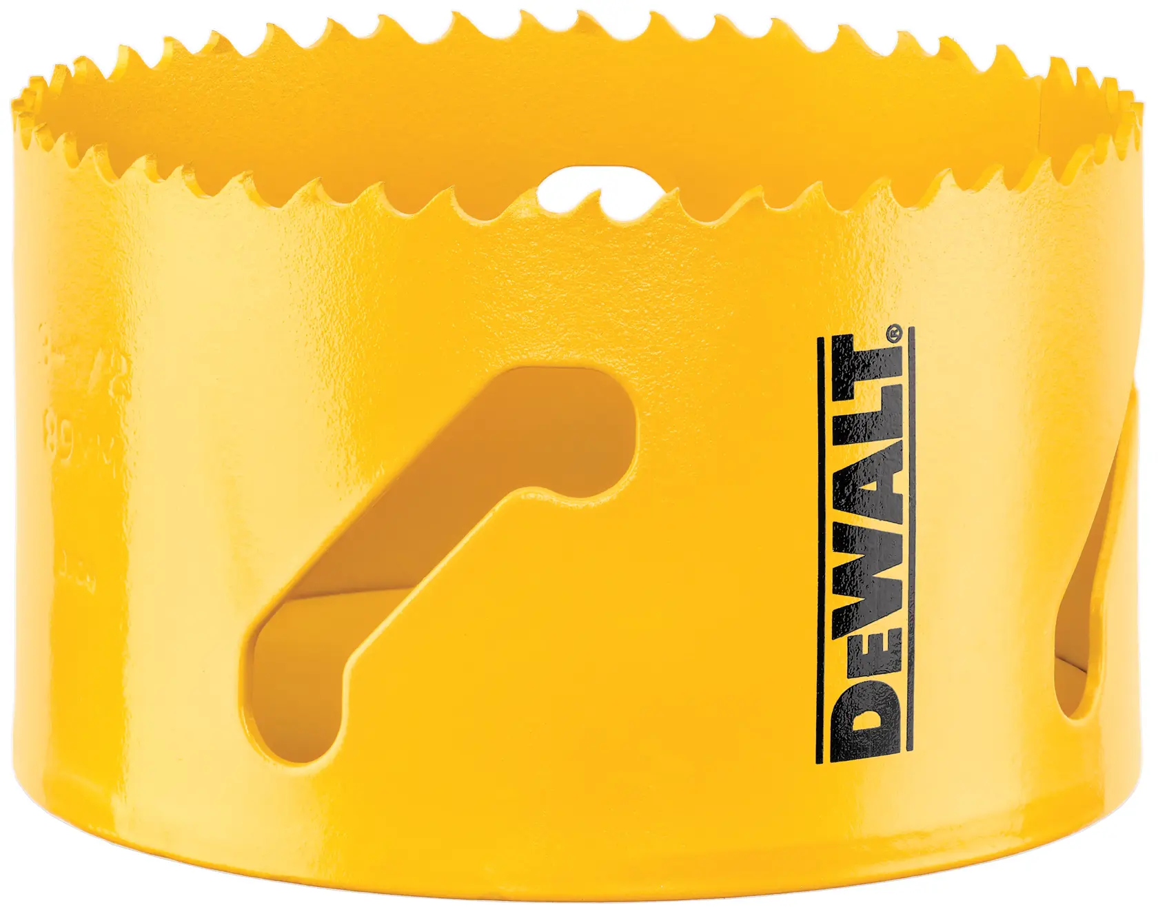 Close-up image of a yellow DEWALT hole saw with sharp teeth around the edge and ventilation slots on the side.