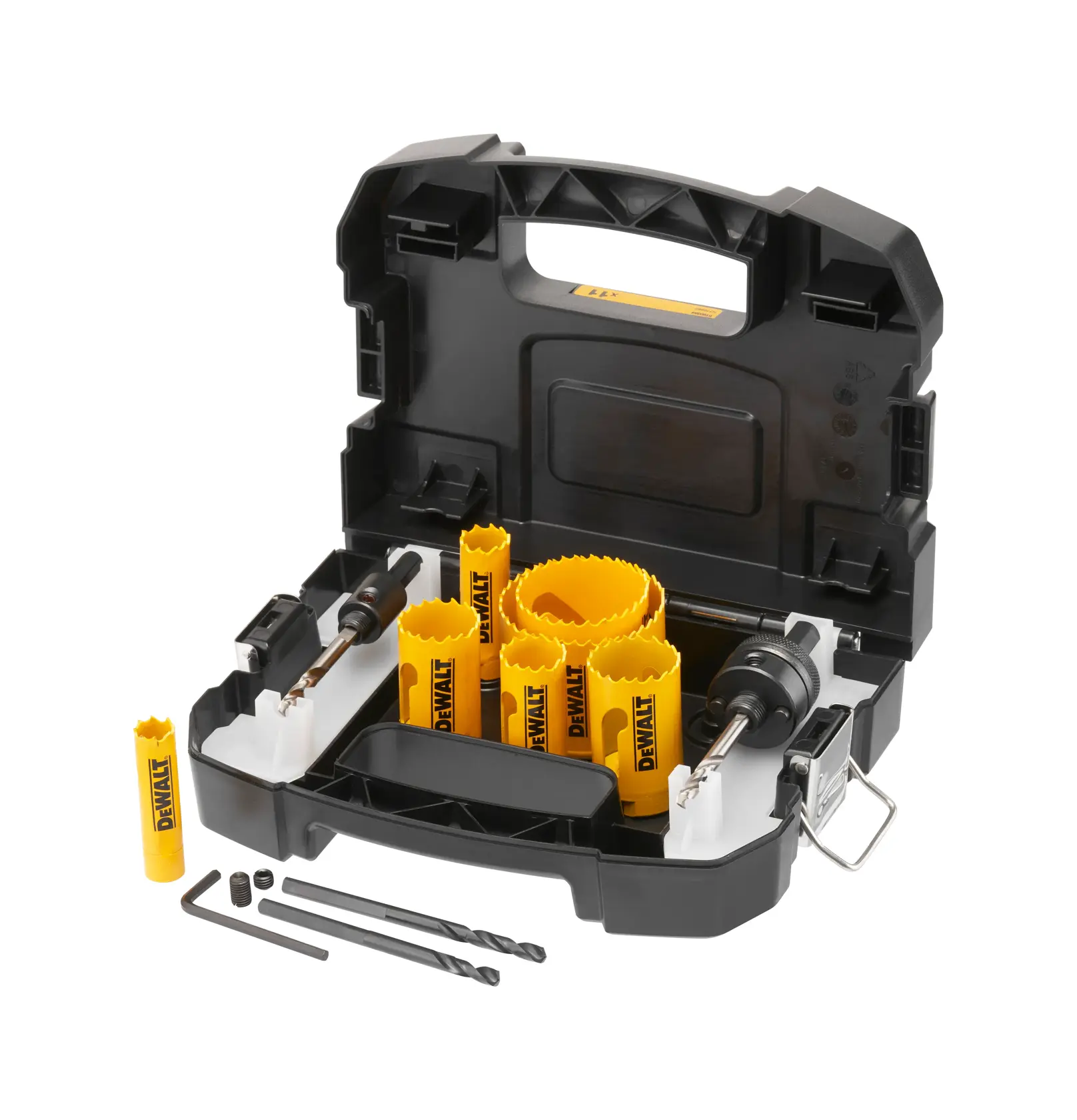 DEWALT hole saw kit in a black case with various yellow saws, drill bits and accessories.