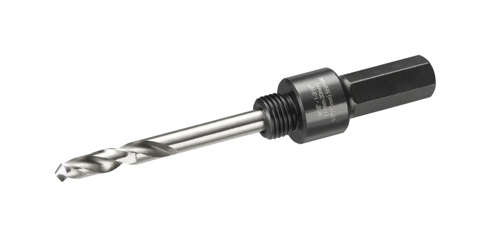 Metal drill bit with a hex shank and threaded collar, used for power tools in construction or photography setups.