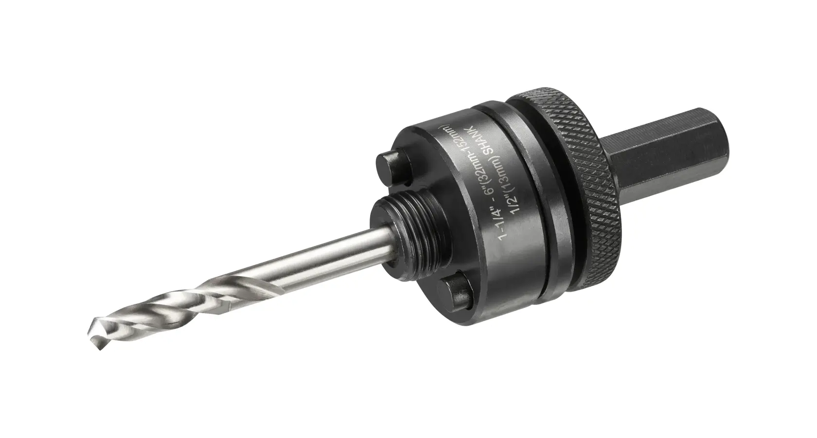 DEWALT DT90369 hole saw arbor with pilot drill bit for power tools, shown against a white background.