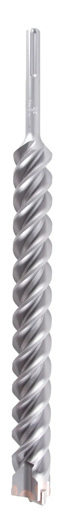 Long, silver DEWALT drill bit with spiral design and pointed tip for heavy-duty drilling.