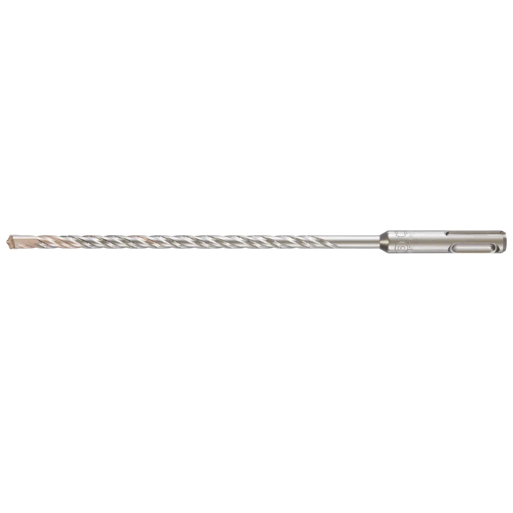 A long, silver SDS-plus masonry drill bit with a spiral flute and carbide tip, used for drilling into concrete or stone.