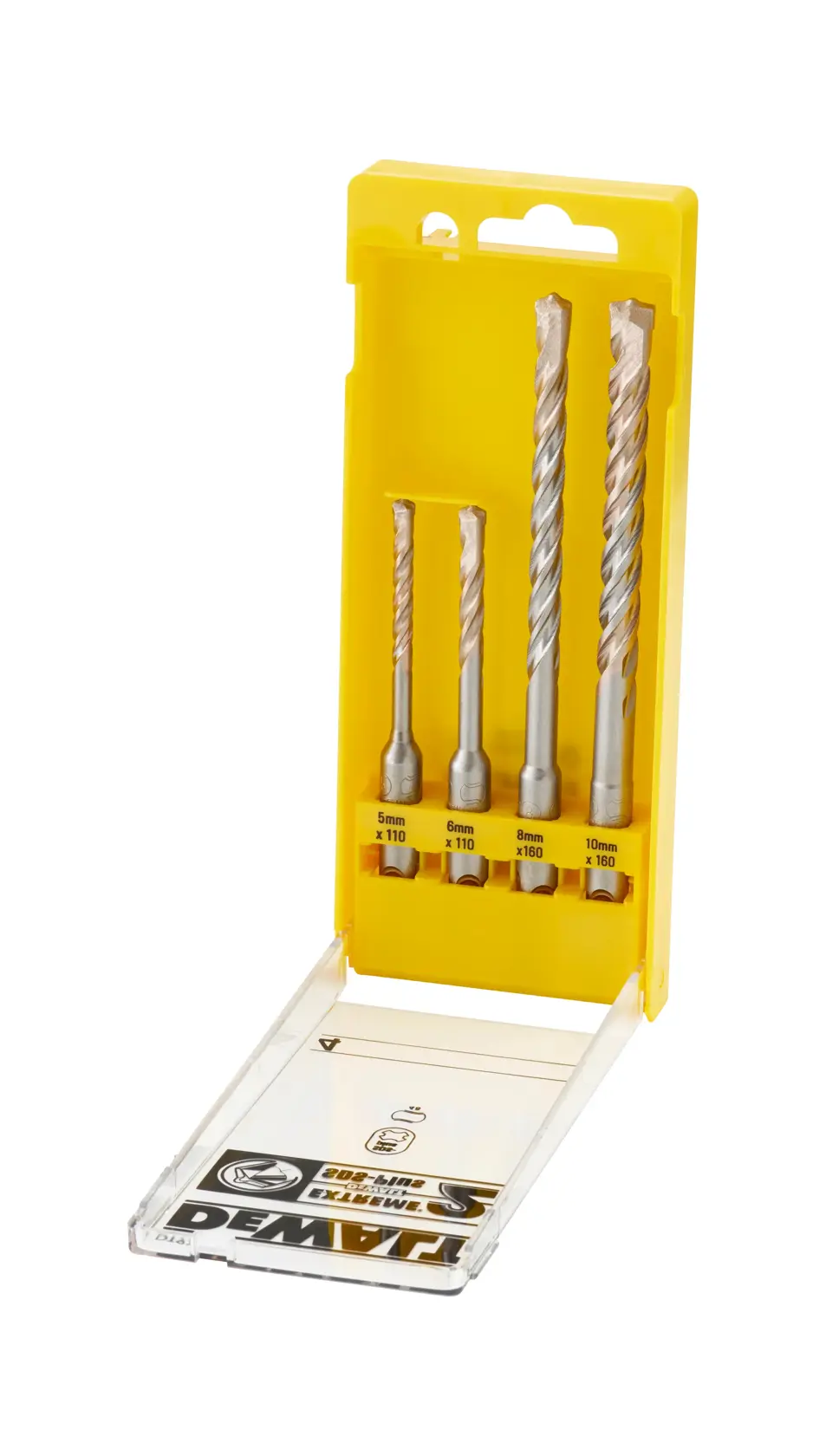 DEWALT DT9700 set with four masonry drill bits in a yellow plastic case, displayed upright with open lid.