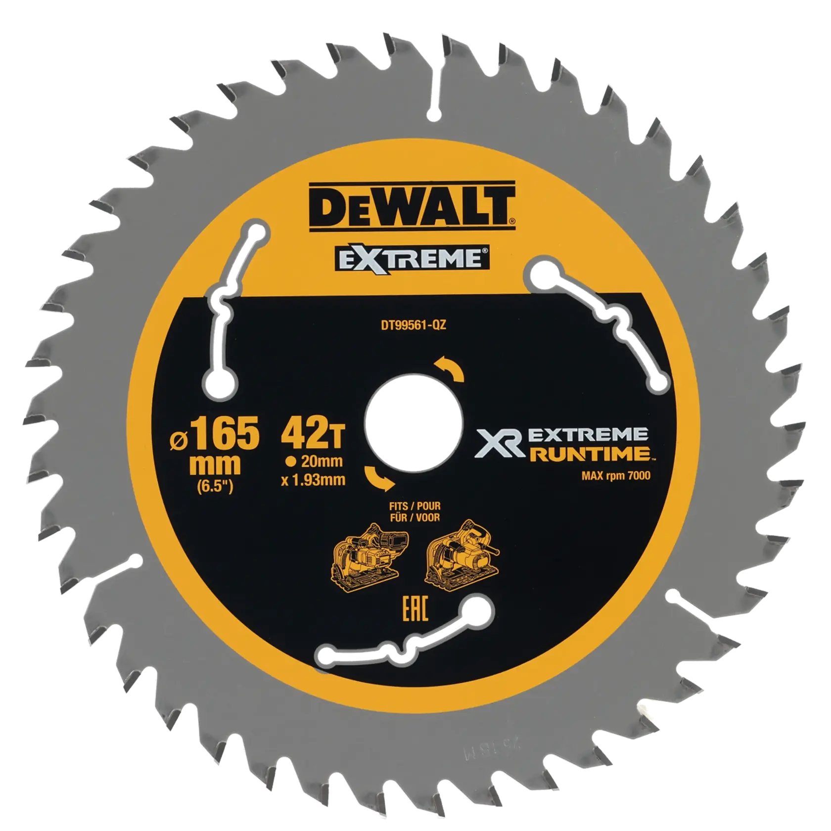 DEWALT DT99561 circular saw blade, 165mm diameter with 42 teeth, designed for extreme runtime and fits specific saw models. The blade has a yellow and black label with technical specifications and illustrations.