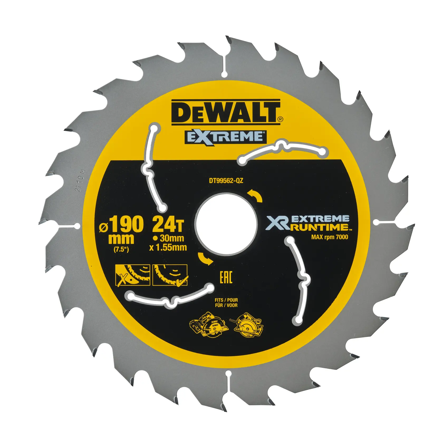 DEWALT EXTREME XR Extreme Runtime circular saw blade, 190 mm diameter, 24 teeth, 30 mm bore, designed for high performance with a maximum speed of 7000 rpm.
