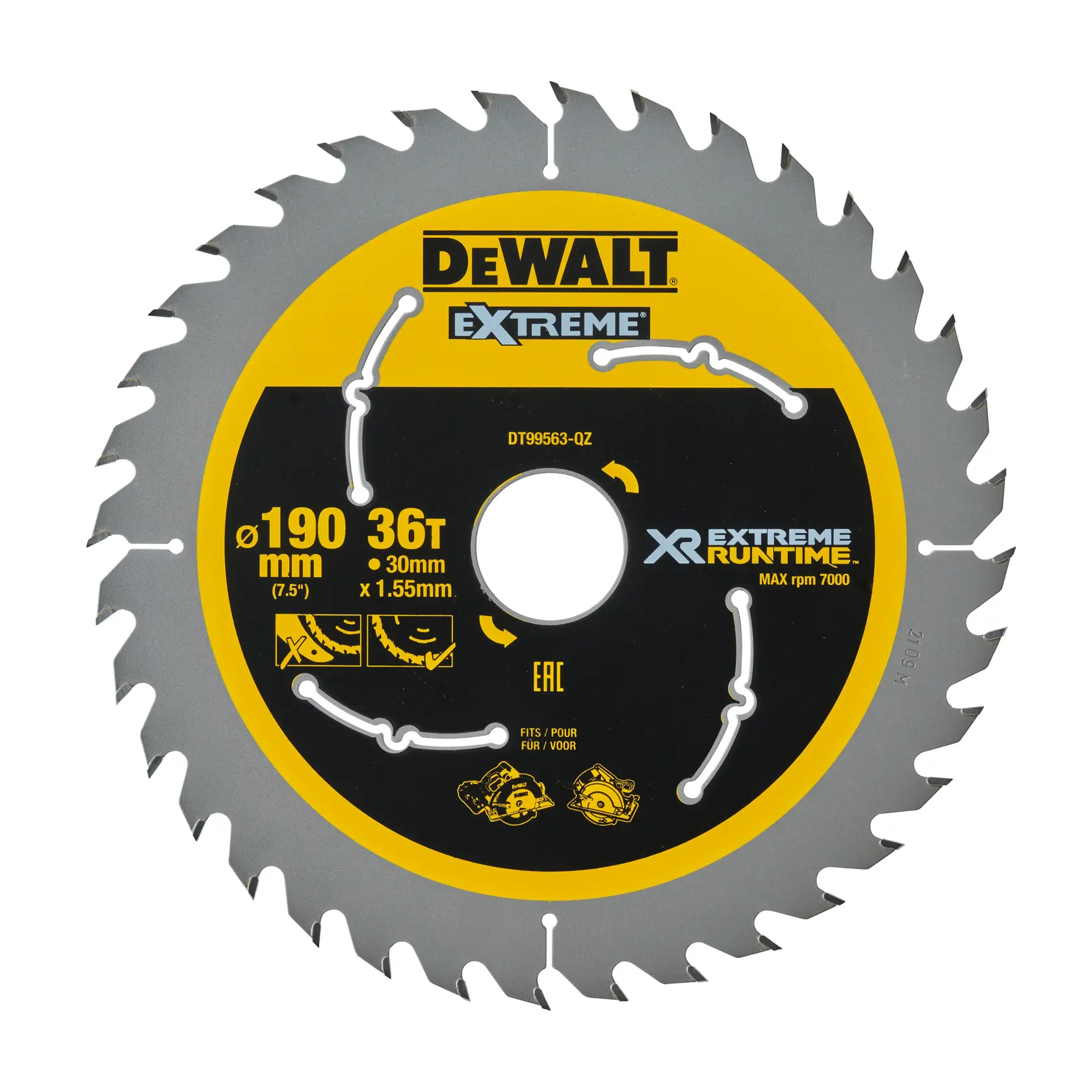 DEWALT EXTREME XR RUNTIME circular saw blade, 190 mm diameter, 36 teeth, model DT99563-QZ. Suitable for woodworking, with a maximum speed of 7000 rpm.