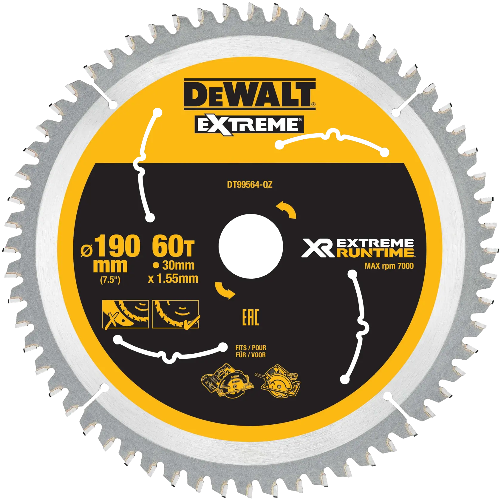 DEWALT Extreme 190mm circular saw blade with 60 teeth for XR Extreme Runtime. The blade is yellow and black, marked with max 7000 rpm, 30mm bore, and 1.55mm thickness. Suitable for use with circular and mitre saws.