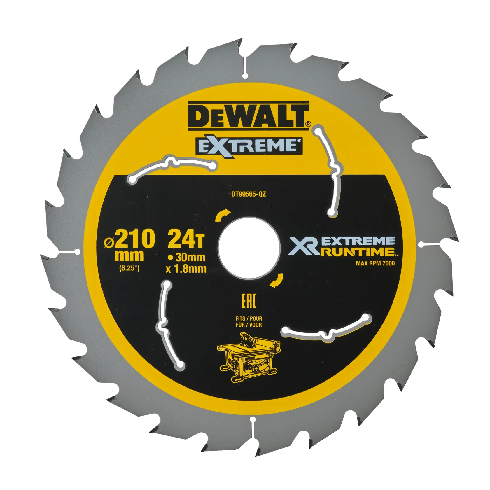 A DEWALT Extreme XR circular saw blade, model DT99565, with 24 teeth, 210mm diameter, 30mm bore, and 1.8mm thickness. The blade is designed for woodworking, labeled with features for extreme runtime and fits table saws.