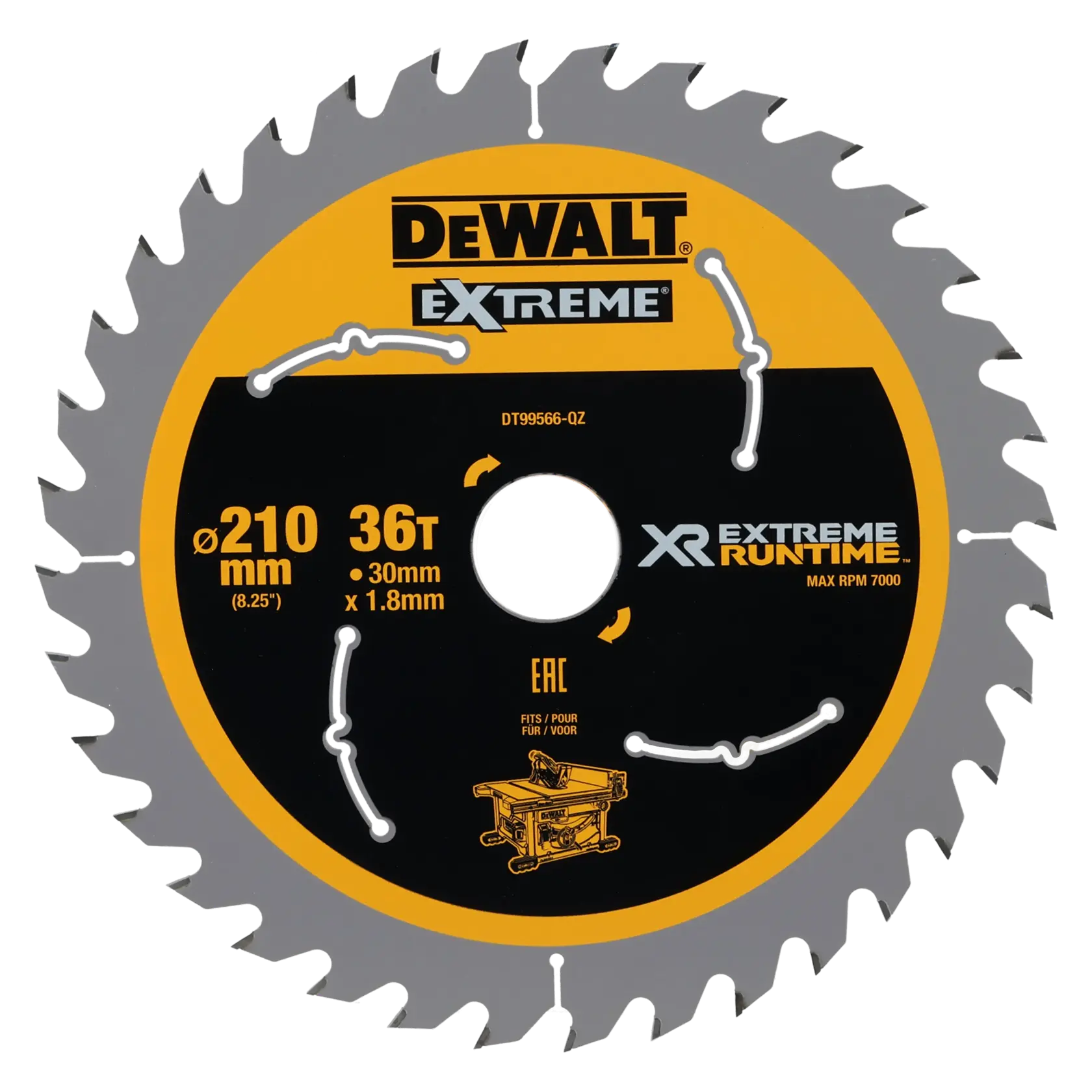 DEWALT Extreme circular saw blade, 210mm diameter, 36 teeth, 30mm bore, suitable for table saws, labeled XR Extreme Runtime, model DT99566.