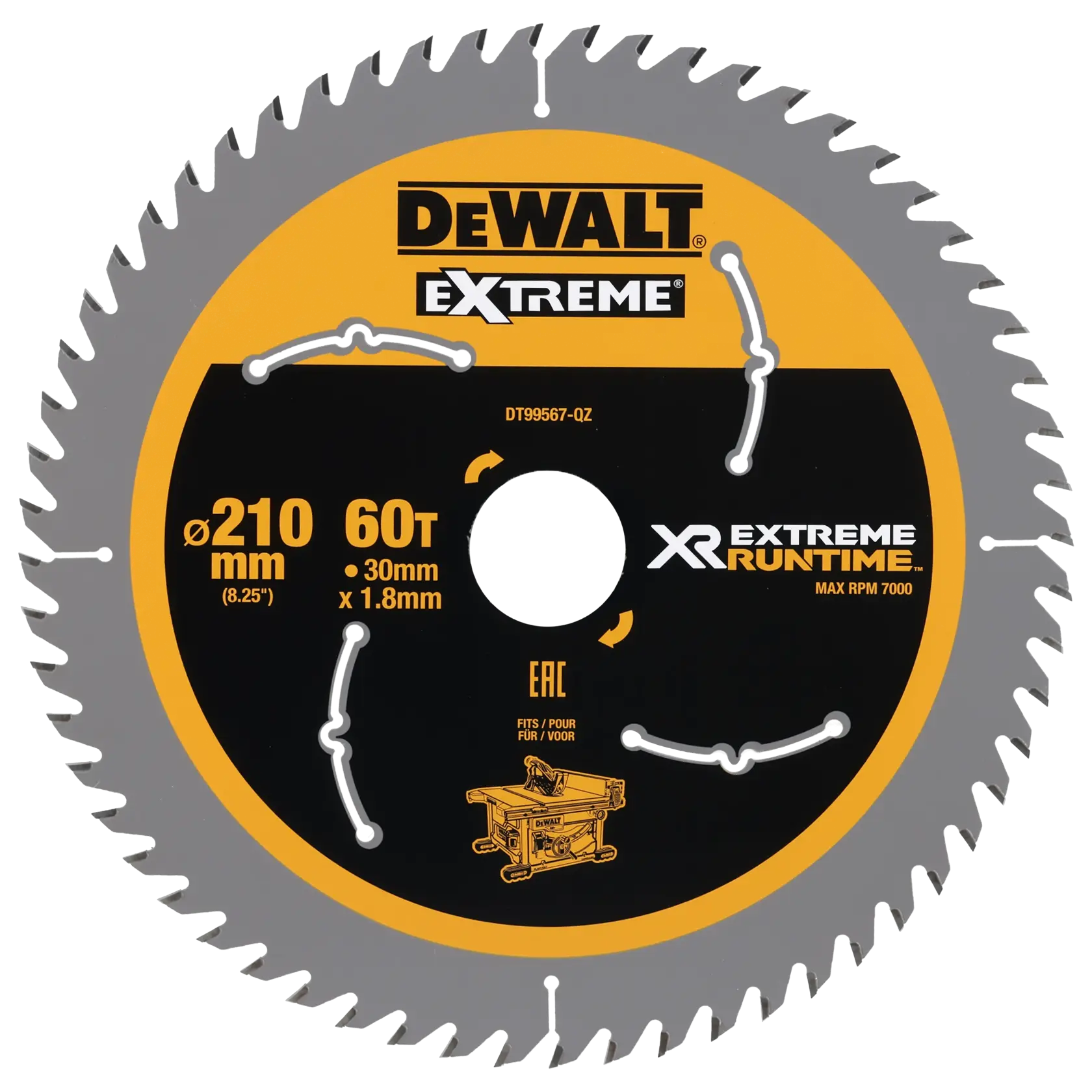 DEWALT Extreme XR Runtime circular saw blade, model DT99567, with 60 teeth, 210 mm diameter, 30 mm bore, 1.8 mm thickness, and maximum speed of 7000 RPM. The blade has a grey and yellow design and fits table saws.