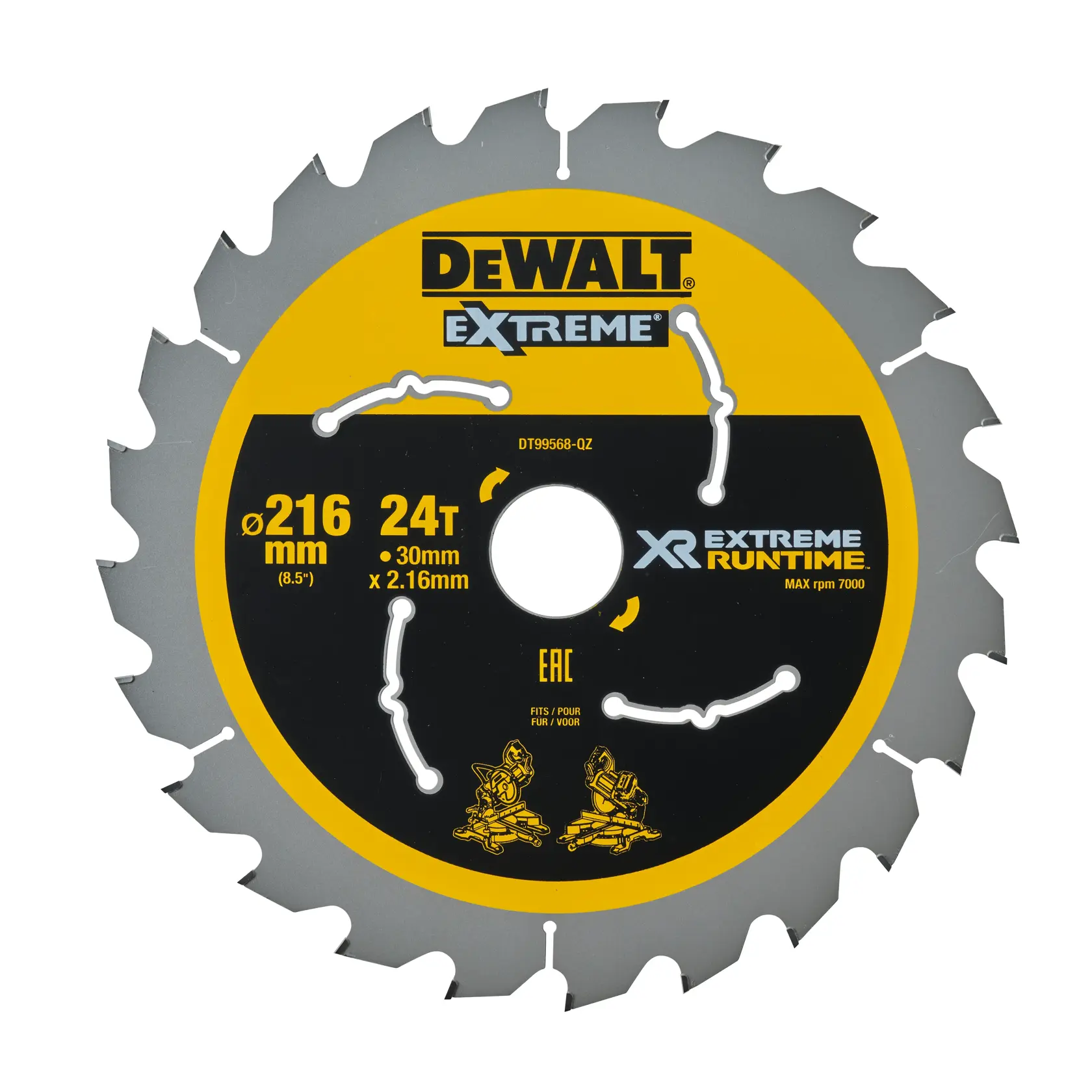DEWALT Extreme XR Runtime saw blade, 216mm, 24 teeth, for cutting tools, black and yellow, model DT99568.