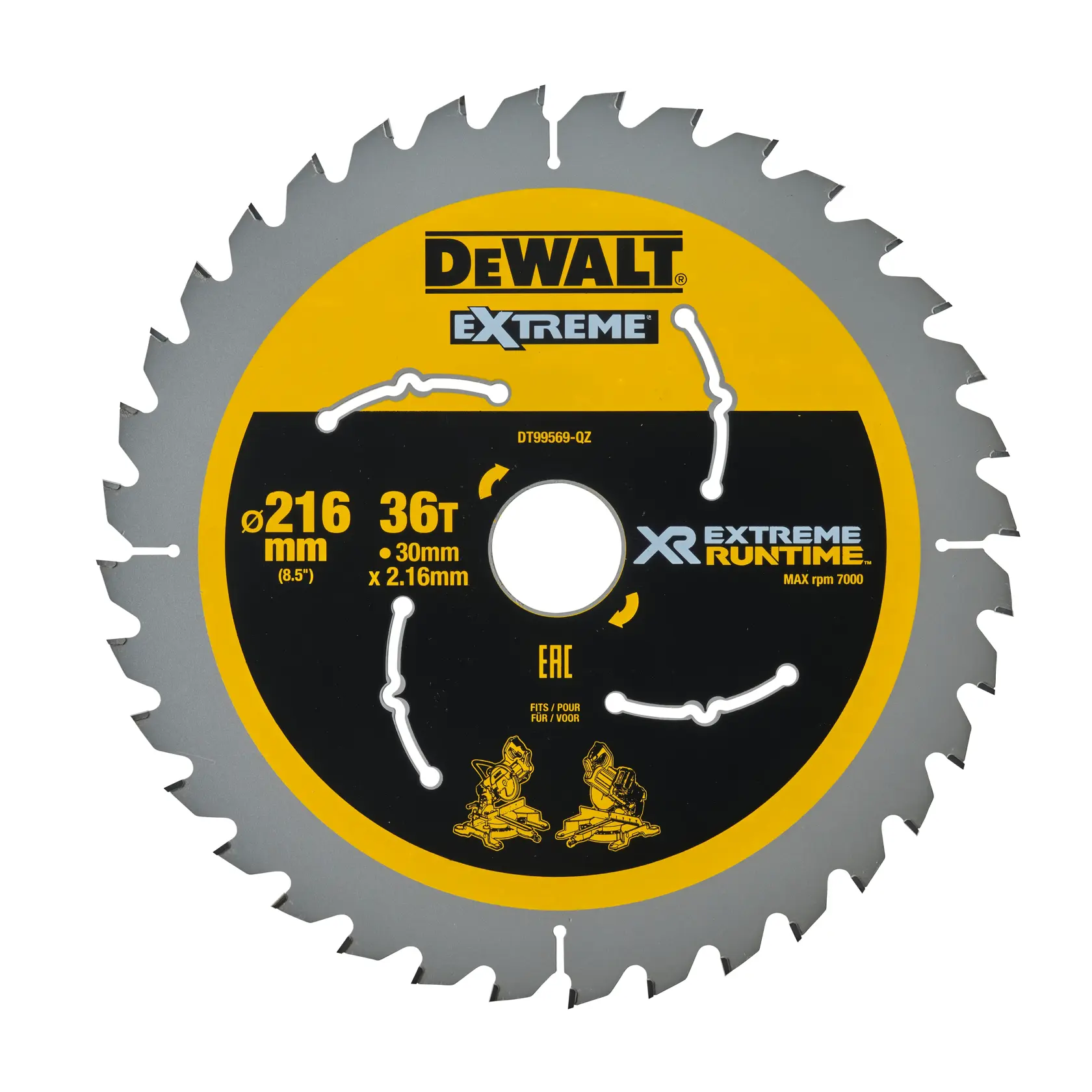 DEWALT DT99569 saw blade, 216mm diameter, 36 teeth, yellow and black design for cutting wood.