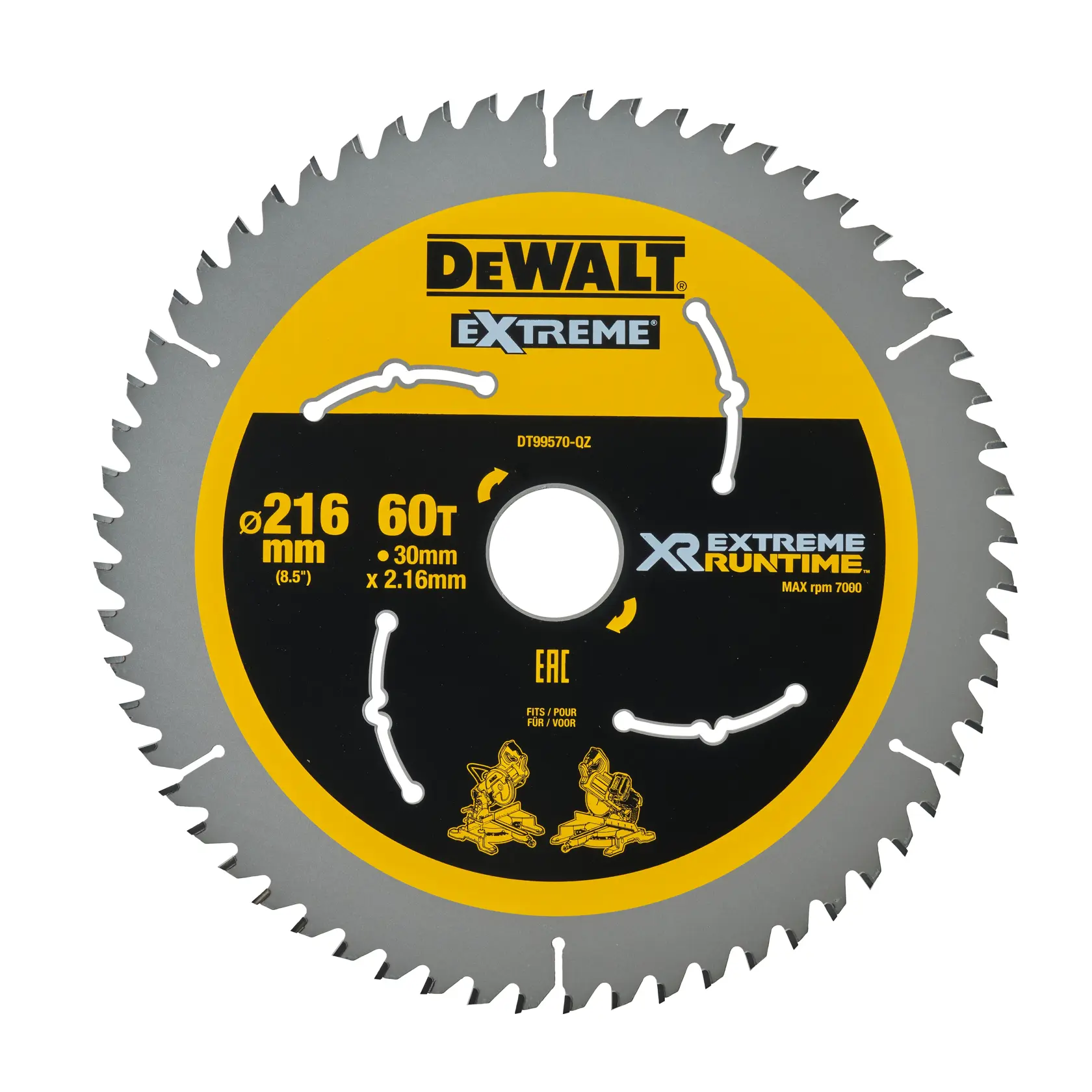 DEWALT DT99570 circular saw blade with 60 teeth, 216 mm diameter, and 30 mm bore, designed for extreme XR runtime and high performance, featuring yellow and black branding and specifications on the front.