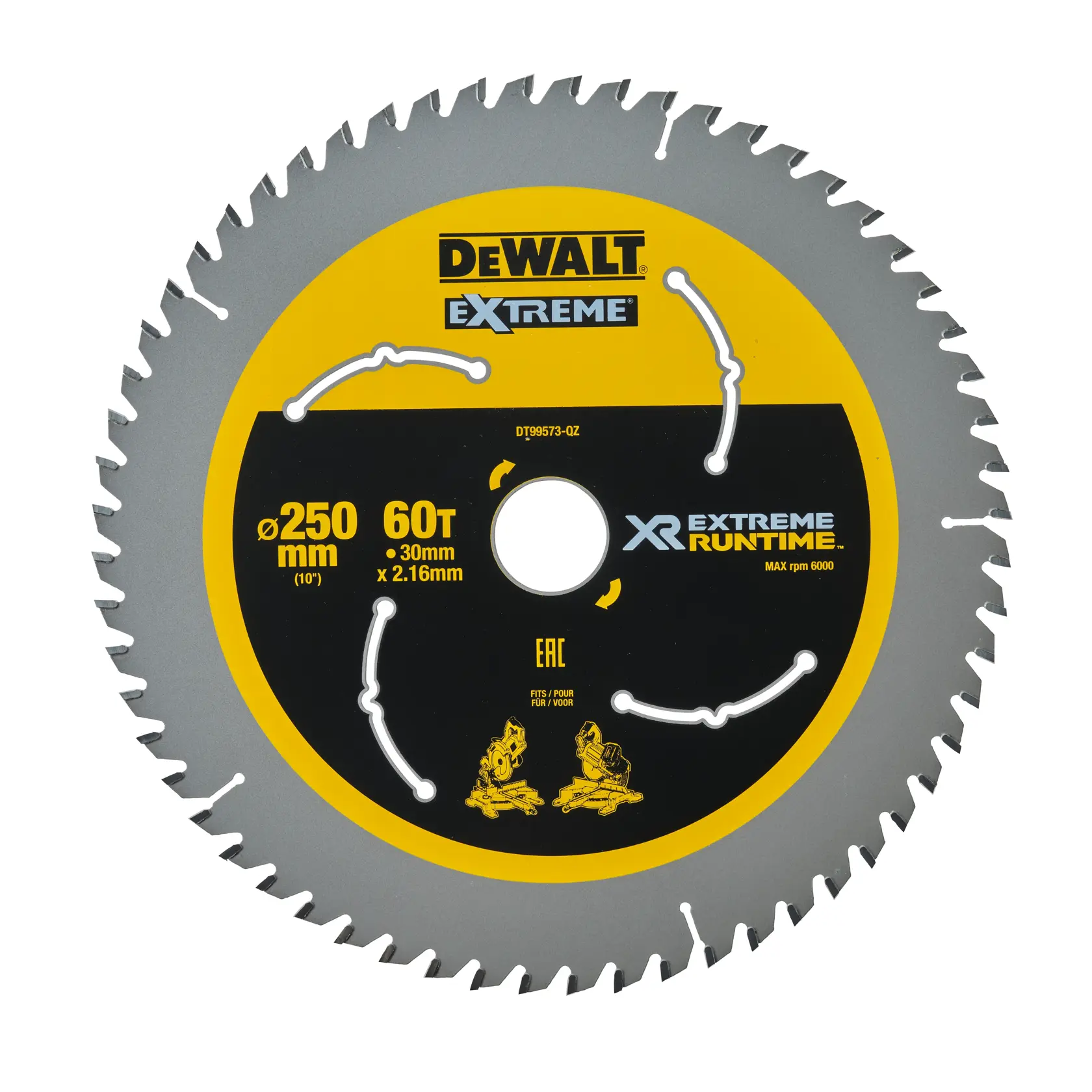 DEWALT DT99573 Extreme XR saw blade, 250mm diameter, 60 teeth for wood cutting, max rpm 6000.